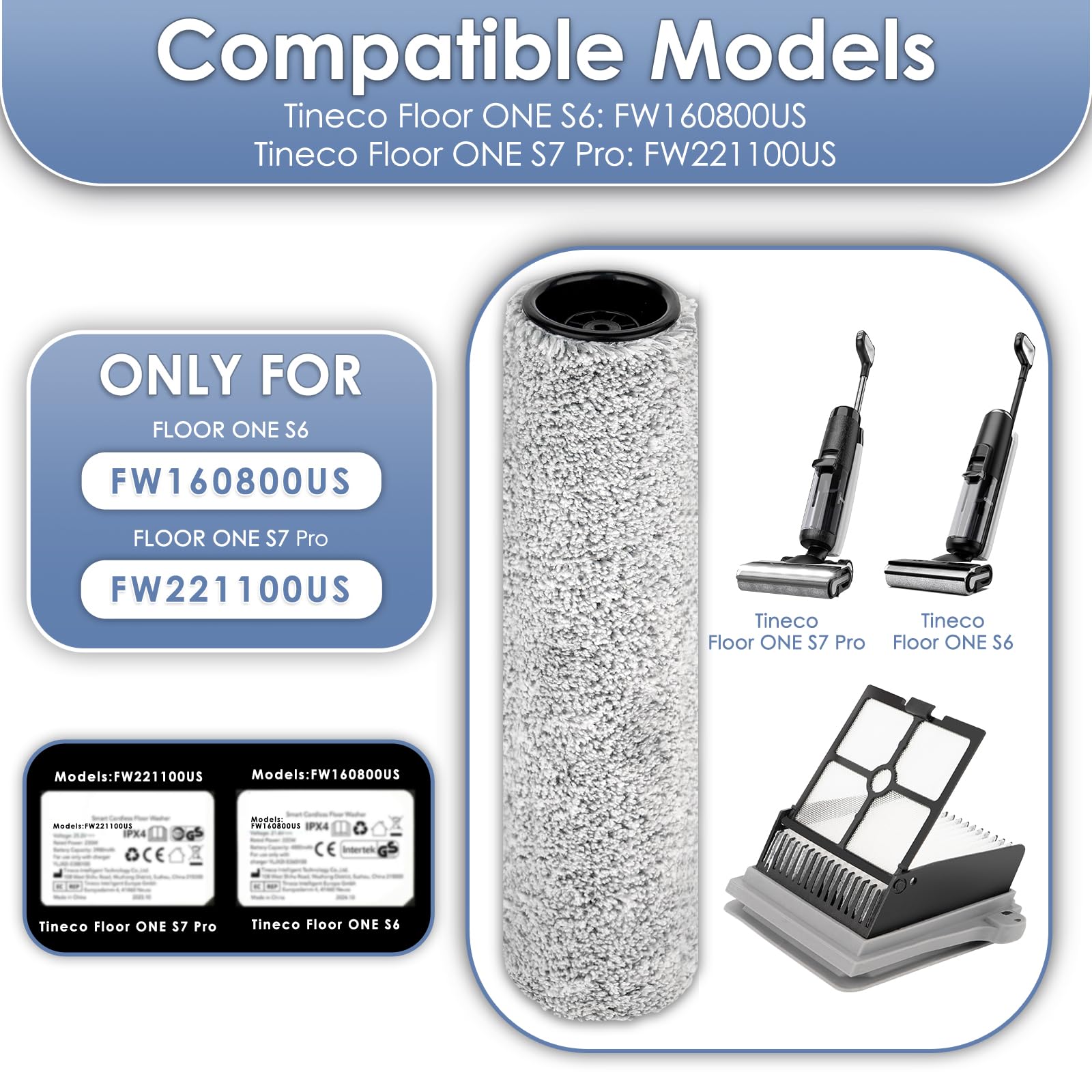 【Versione 2, Smontabile】 (4 Pezzi) Spazzole Rotanti e Filtri HEPA Compatibili con Tineco Floor One S7 Pro e Floor One S6 Aspirapolvere Bagnato/Asciutto (Manico Escluso)