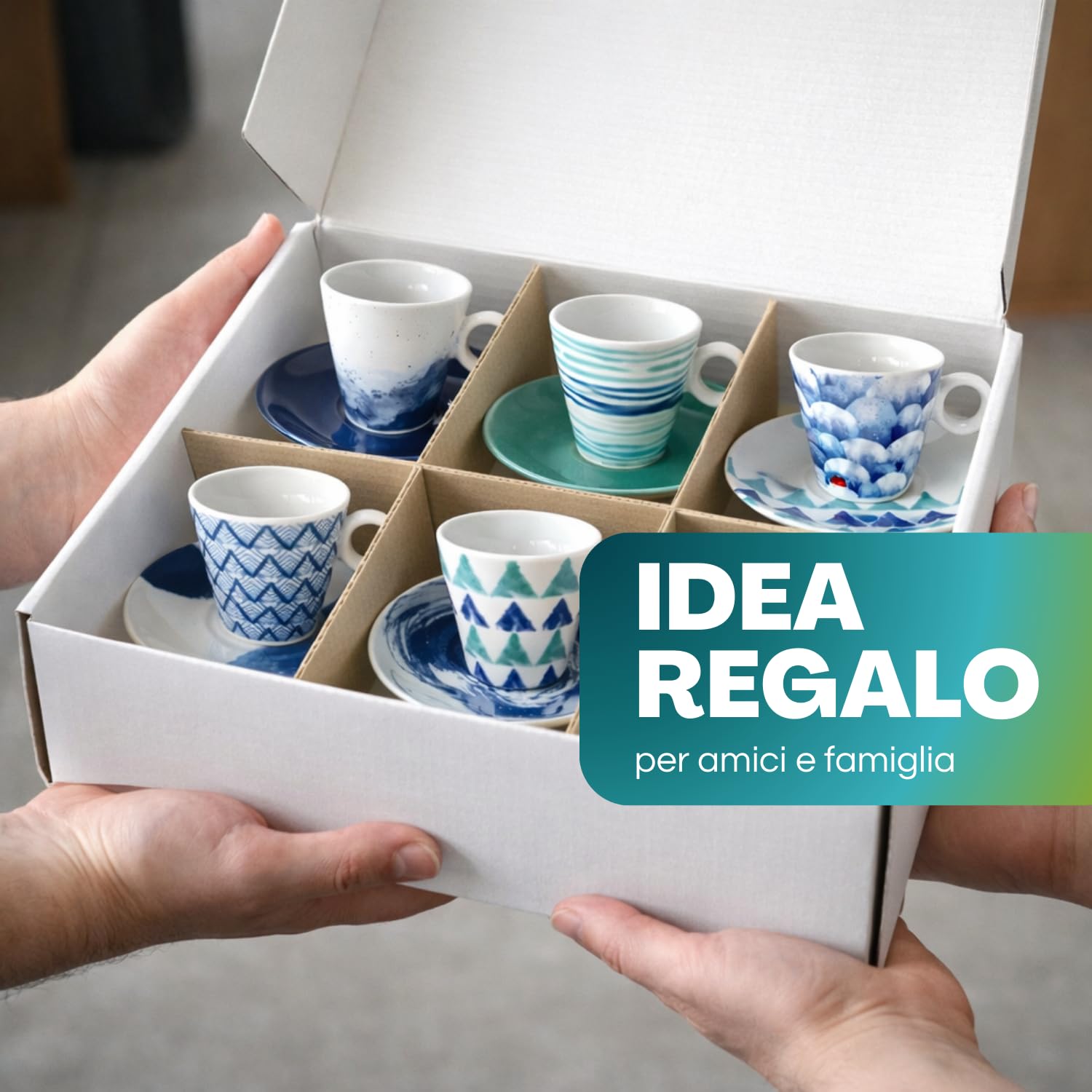 PALUPLUS Set 12 Tazzine Caffè con Piattino in Porcellana da 80 ml, Tazze da Espresso con manico, Lavabili in Lavastoviglie, adatte per Microonde, FANTASIA OCEAN -268