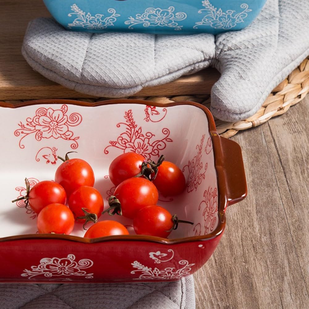 naczynie do pieczenia Czerwona wiśnia kwiatowa ceramiczna forma do pieczenia, prostokątna, dwuuchwytowa zastawa stołowa, naczynie zapiekania ryżu(Duży)