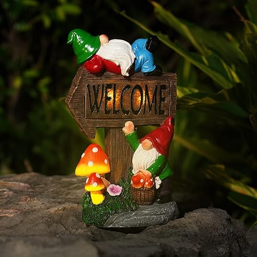 Miniatura 7 de Galiyen Gnomos de jardín para exteriores, grande, 11.8 pulgadas, estatua de gnomo de jardín con luces LED solares, decoraciones de primavera al aire