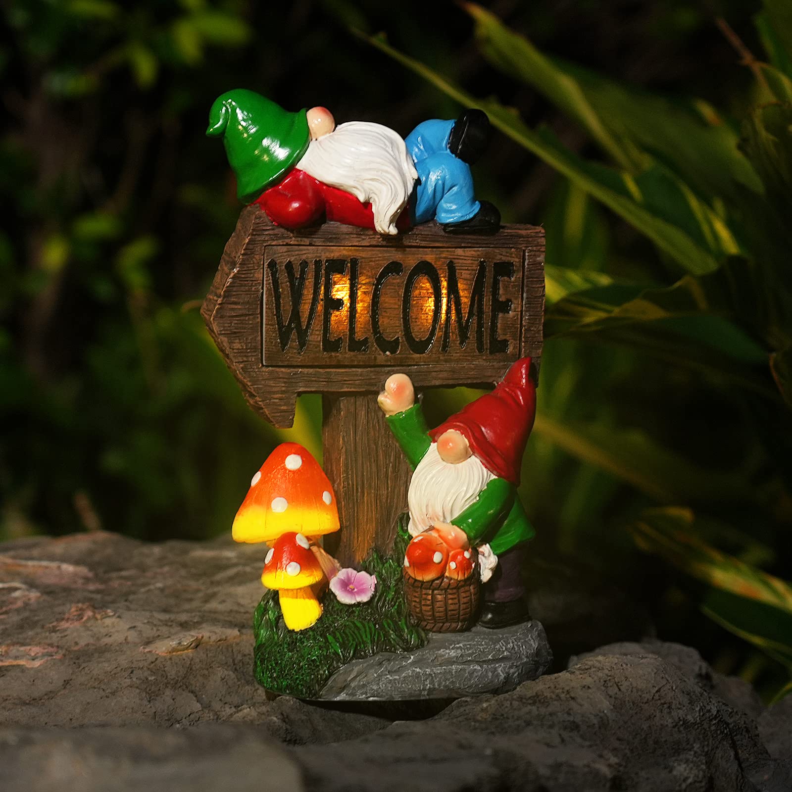 Statuettes de nain de jardin solaires avec panneau de bienvenue - Sculptures et statues de nains de jardin en résine de 30 cm pour terrasse, balcon, cour, pelouse, cadeau de pendaison de crémaillère