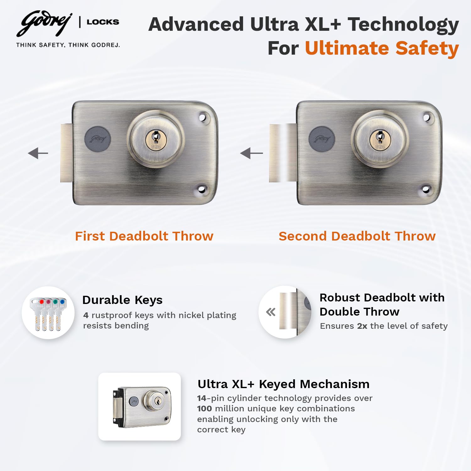 Godrej Rim Lock I Rim Deadbolt Ultra XL+ I 2C Deadbolt I for Inside Opening Wooden Main Door | Left/Right Handed Doors I 4 Keys I 5-Year Warranty I Manual Locking I Antique Brass Finish — Amazon image 3