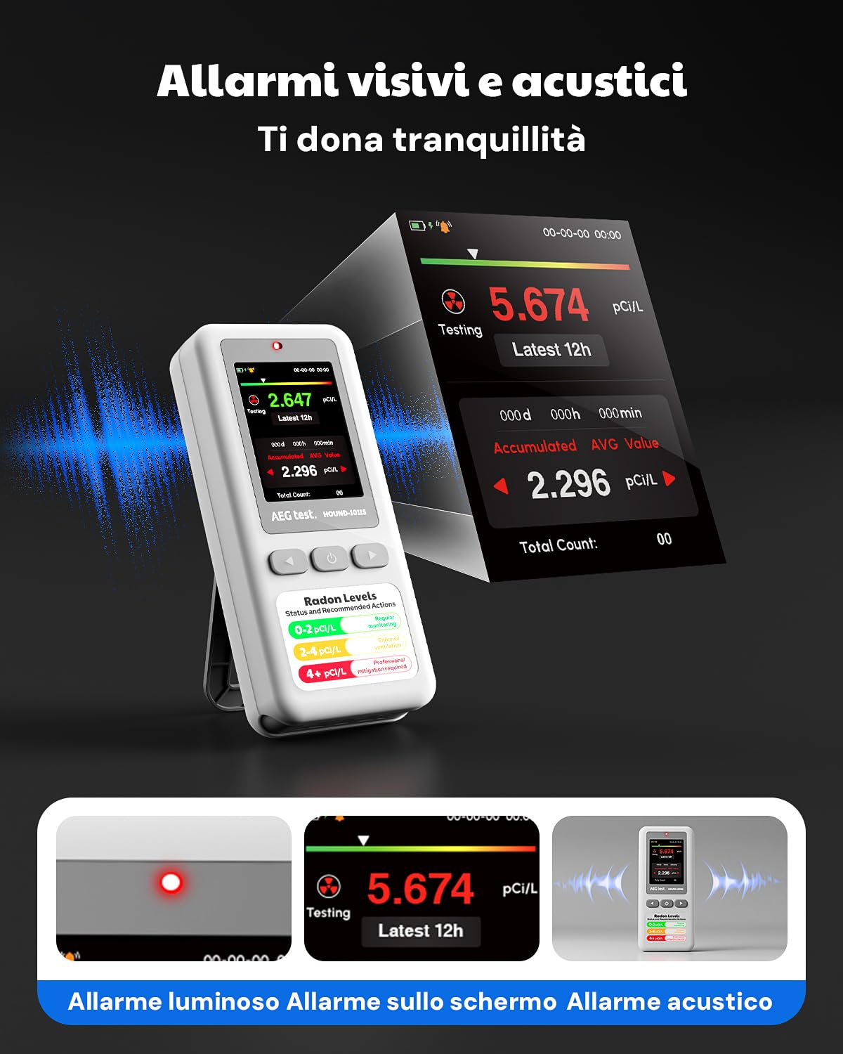 HOUND-1011S Rilevatore di Radon Portatile, Leggero, Dati 12H, Sensore Preciso, Monitoraggio 45 Giorni, Facile da Usare, Misurazioni Breve/Lungo Termine in pCi/L o Bq/m³ per Cantina