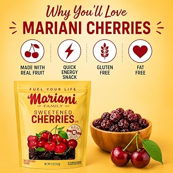 Mariani Sweetened Dried Cherries, Premium Tart & Sweet Cherry Snack, Resealable Bags, Great for Snacking, Baking & Trail Mix, 5 Oz (Pack of 6)