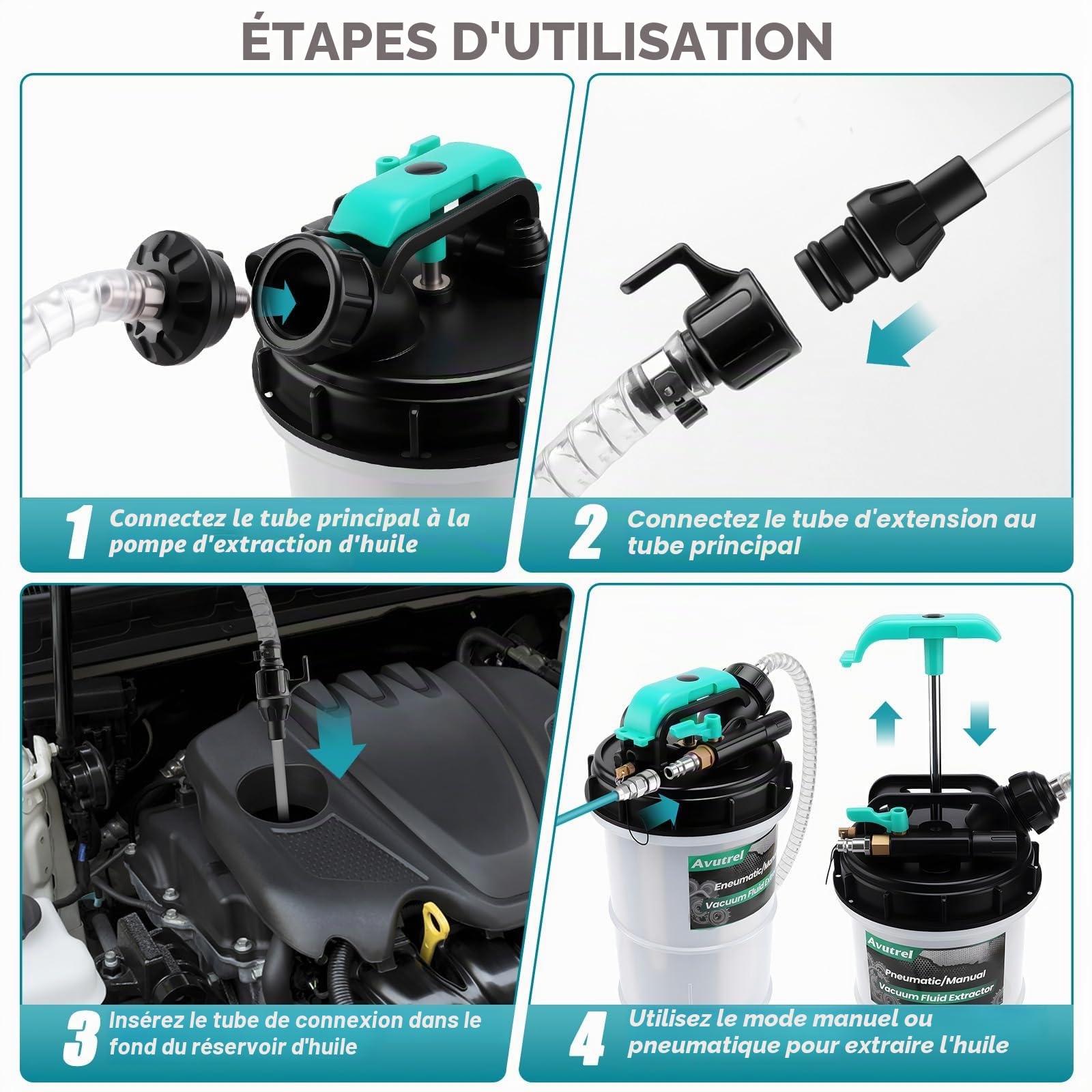 5.3L Pompe à Vide d'Aspiration Vidange d'Huile Moteur, Manuelle et Pneumatique Pompe a Huile, avec 6 Tuyaux et Soupape de Sécurité, Pompe d'Aspiration d'Huile pour Moteur, Transmission