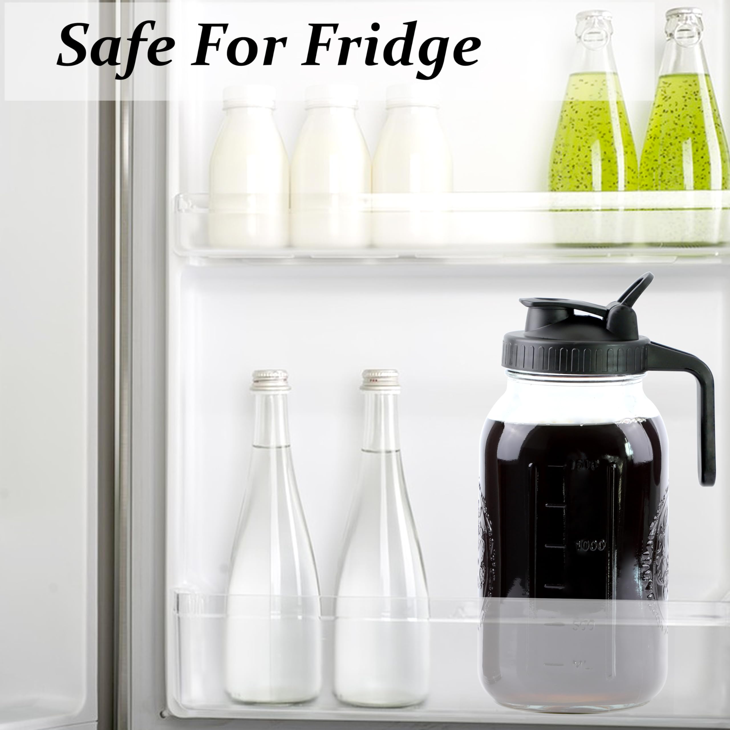 Cafetera fría de 64 onzas, 2 juegos de jarra de vidrio de medio galón con tapas de boquilla de vertido, jarra de cerveza fría de boca ancha de 2 cuartos de galón con colador para refrigerador, 2