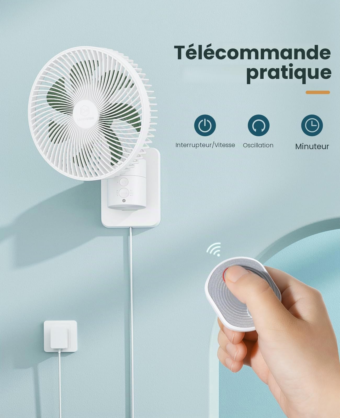 Ventilateur mural oscillant de 20,3 cm avec télécommande, minuterie et 4 réglages de vitesse, inclinaison réglable, cordon de 177,8 cm, ultra silencieux, puissant, 7 lames, facile à nettoyer pour