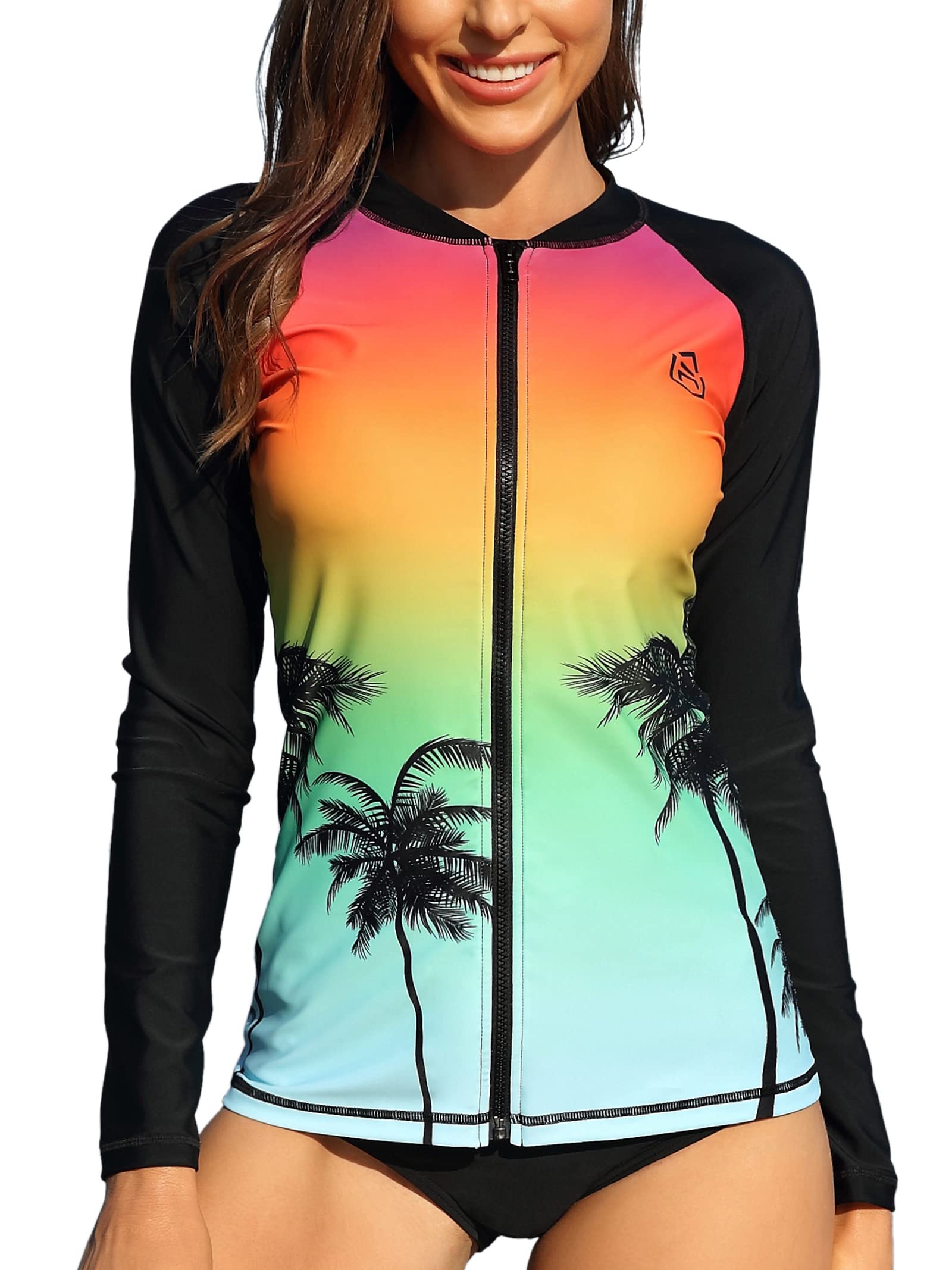 Womens Plus Size Swim Shirts Rash Guard Swimsuits Sun Protection UPF 50+, Coconut Tree Black, XL-image-18