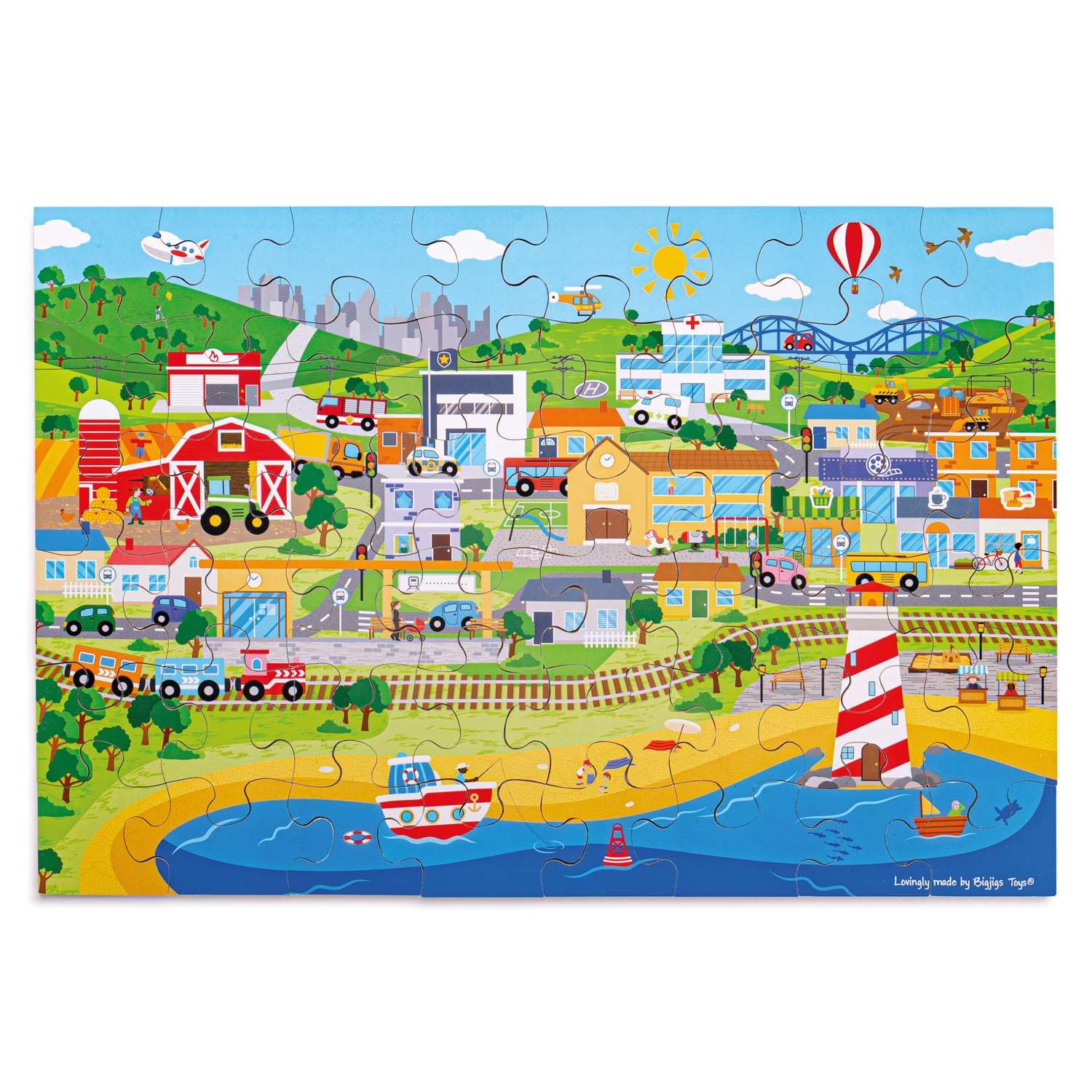 Bigjigs Toys Transport Town Floor Puzzle - 48 Piece Wooden Puzzle for 2+ Years, Quality Wooden Jigsaw Puzzles For Kids, Unique Toddler Toys & Toddler Puzzles