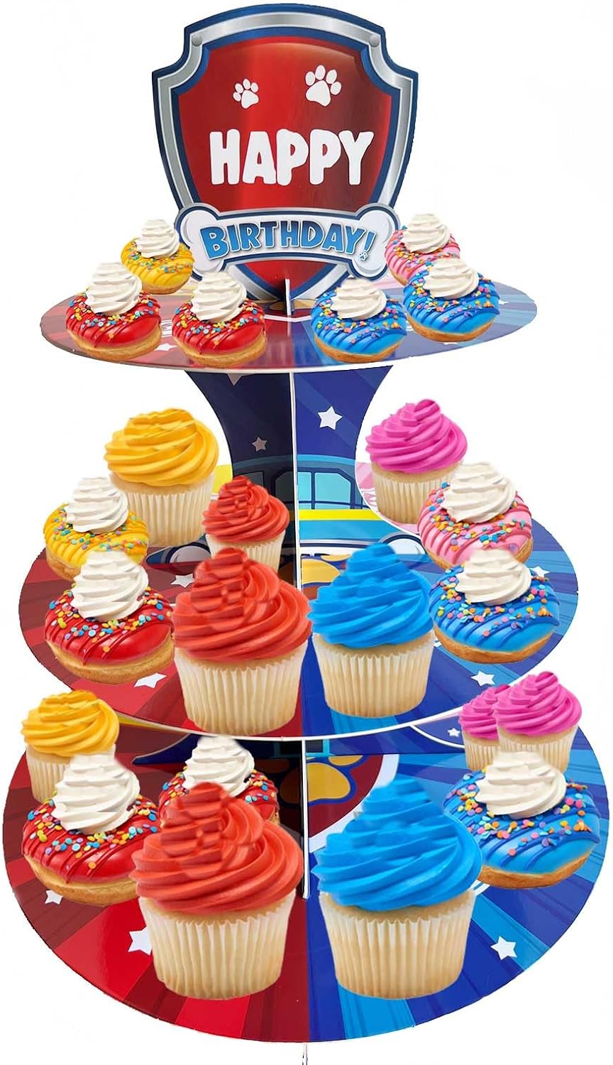 Cartoon Dog Theme Cupcake Stand Kids Birthday Party Decorations Red Blue Pink Yellow 3-Tier Cupcake Toppers Stand Cartoon Dog Party Supplies Cake Table Decoration