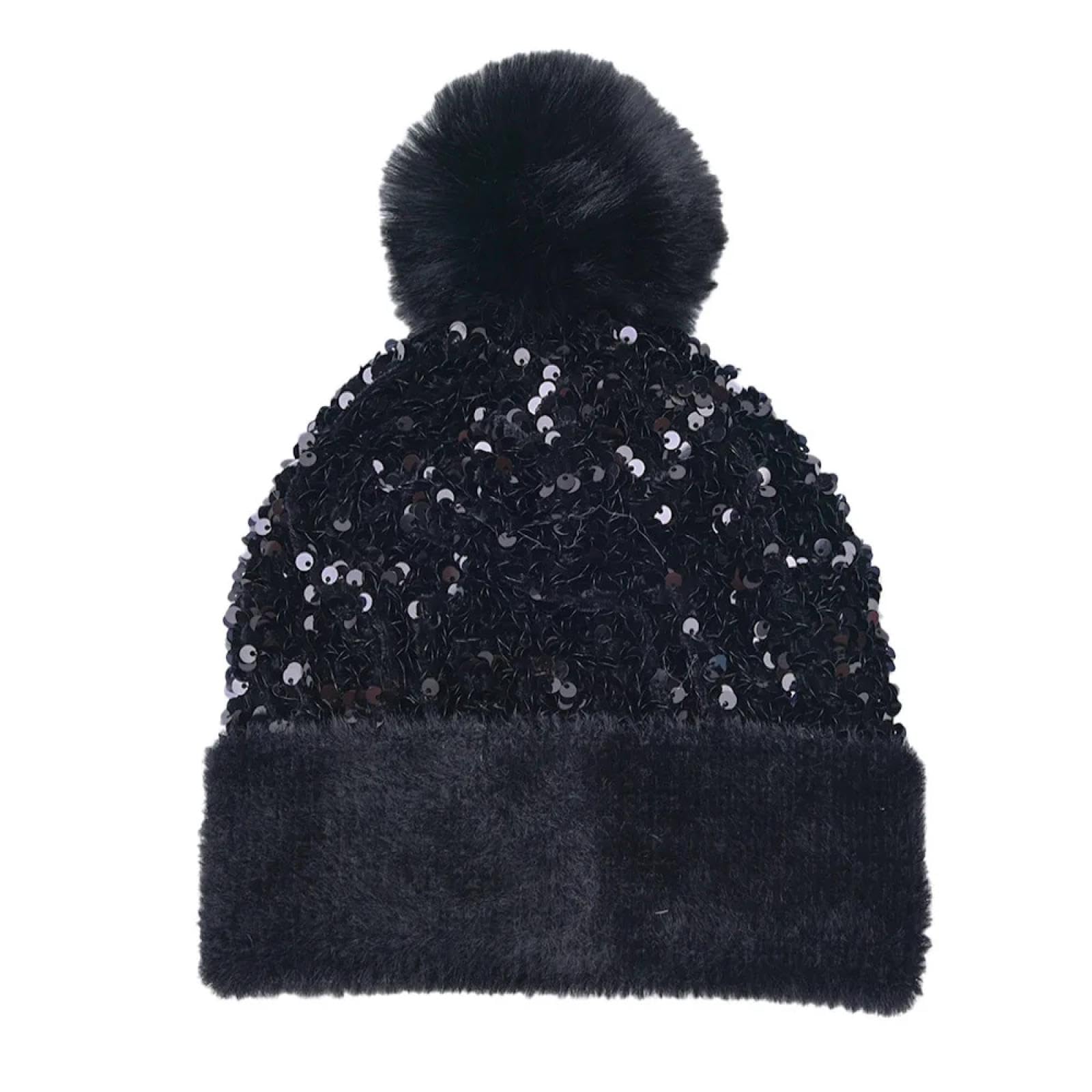 Czapki Czapki Skullies Czapki Beanie Błyszczące Cekiny Dzianinowe Czapki Damskie Miękkie Zdejmowane Sztuczne Futro Pom Zima Zagęścić Plus Aksamitna Ciepła Czapka Damska Czapka