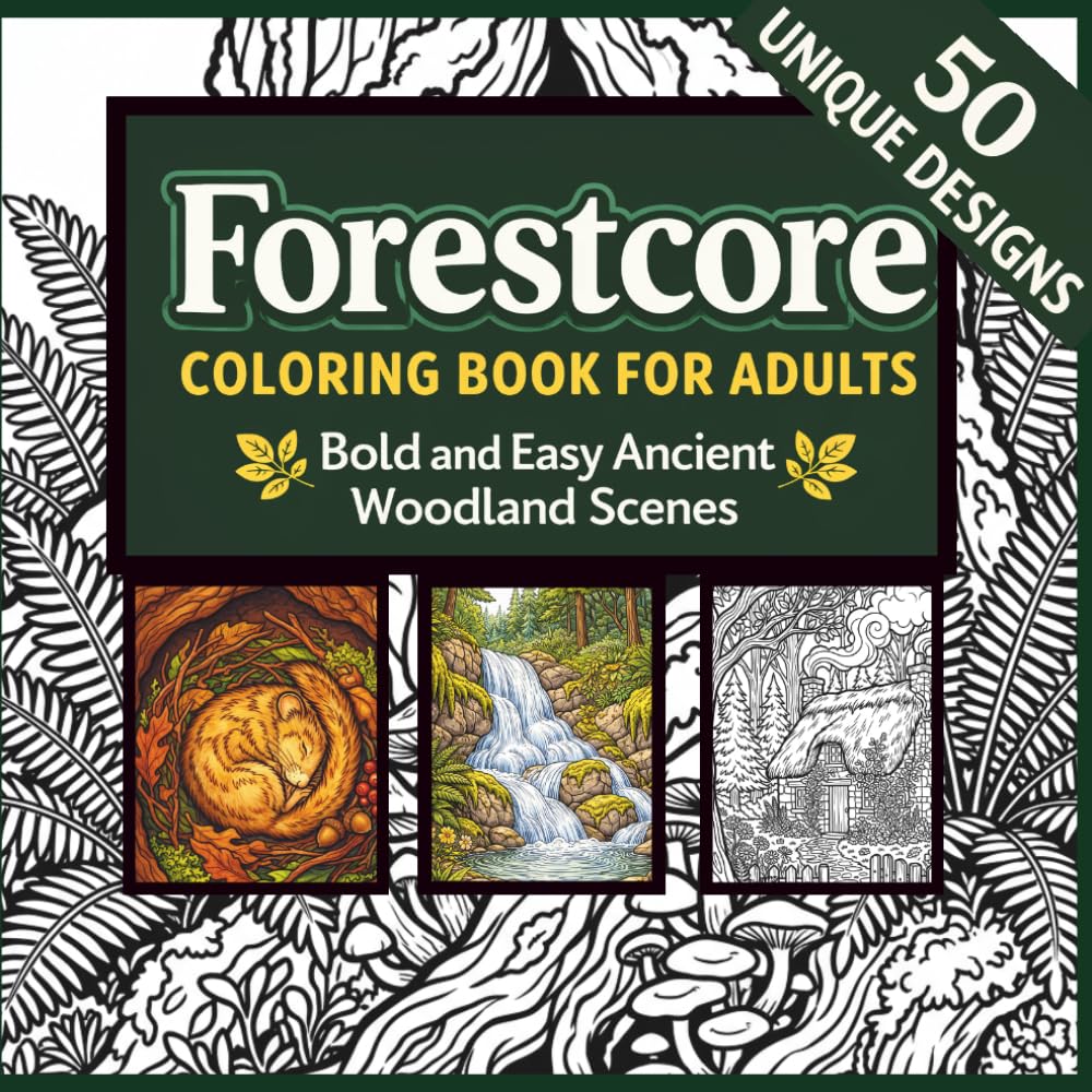 Forestcore Coloring Book for Adults: Bold and Easy Ancient Woodland Scenes: 50 Large Print Forest Illustrations Featuring Trees, Mushrooms, Wildlife ... Book for Women, Beginners and Seniors