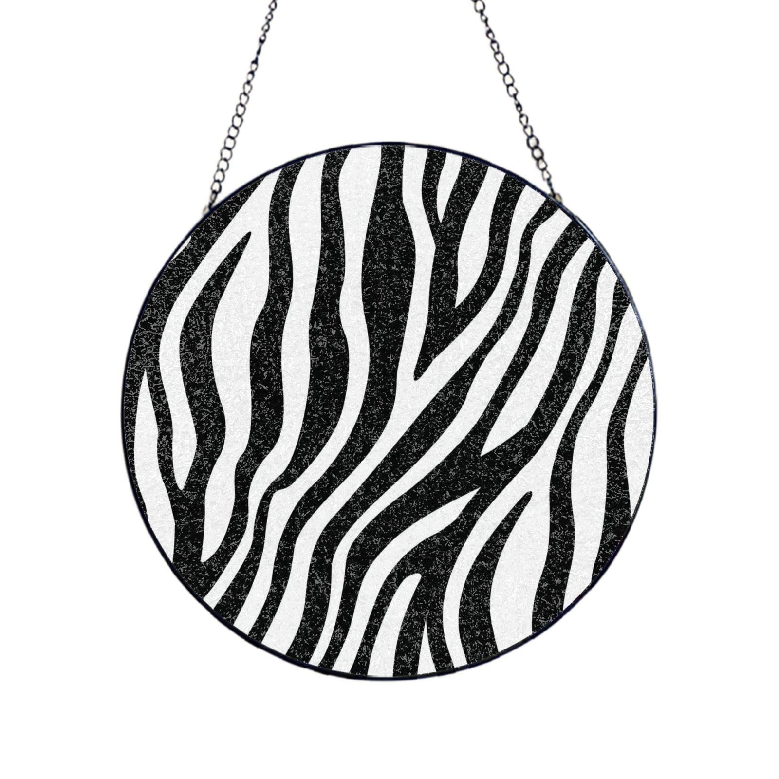 Phayah Zebra Pattern Print Glass Window Hanging Round Suncatcher Glass Ornament Garden Wall Fence Decorations Indoor Outdoor 8in（20cm）