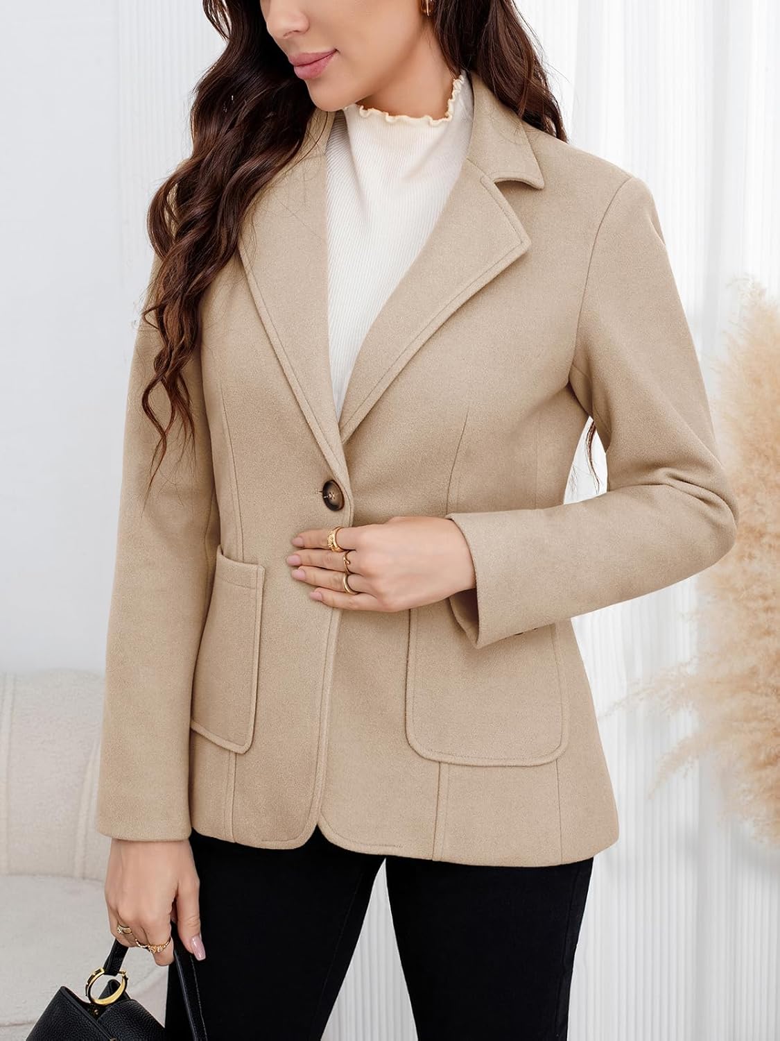 ebossy Women's Wool Pea Coat Notched Lapel 1-Button Business Office Blazer Jacket Elegant Short Coat with Pockets