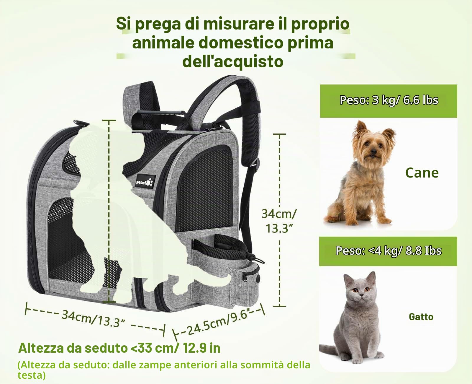 Pecute Zaino per cani e gatti, zaino per piccoli animali domestici, zaino portatile traspirante con apertura frontale e tasche a rete, spazio arioso per il trasporto di cuccioli di cani e gatti