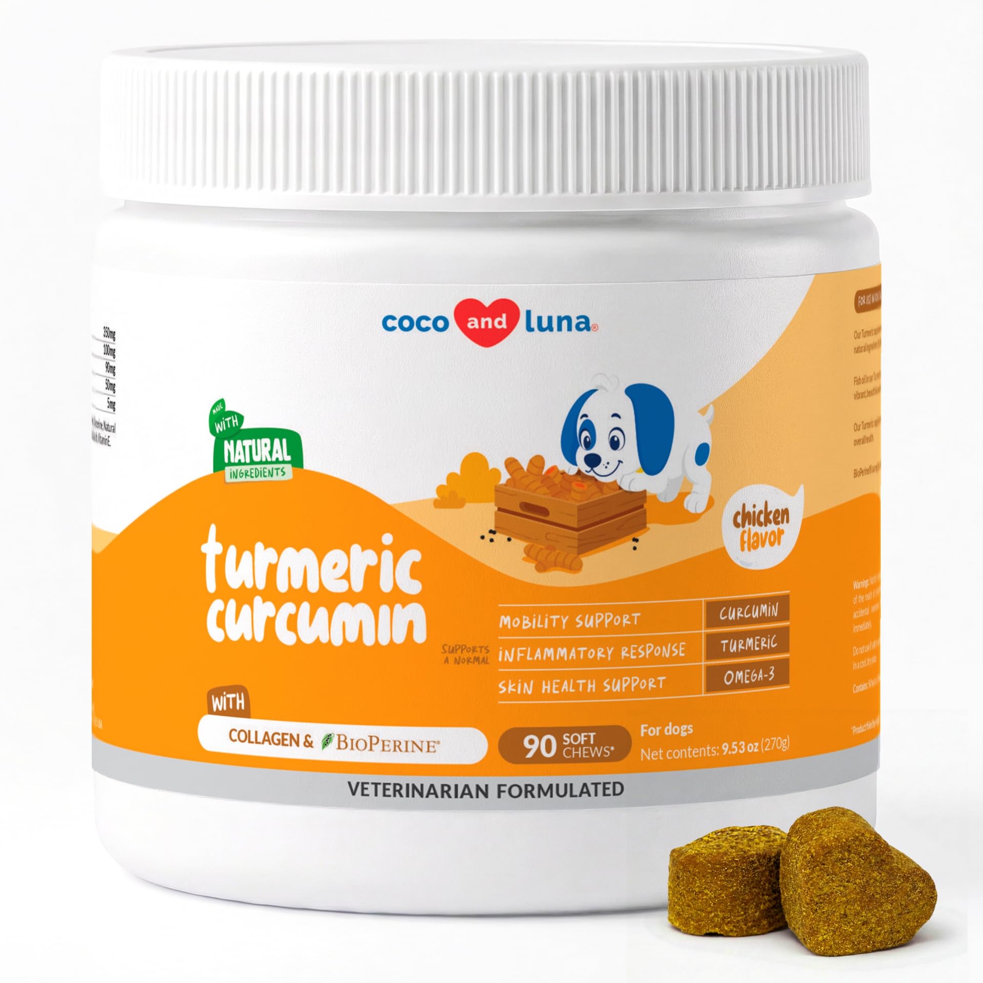 Turmeric Curcumin for Dogs - 90 Soft Chews - with Collagen, BioPerine and Fish Oil - Hip & Joint Support, Ease Inflammation, Antioxidant.