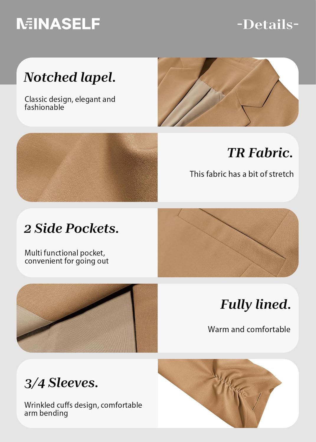 Mina Self 2026 Spring Women's 3/4 Ruched Sleeve Blazer Jacket - Petite Lightweight Full-Lined Slim Fit Work Casual Pocket