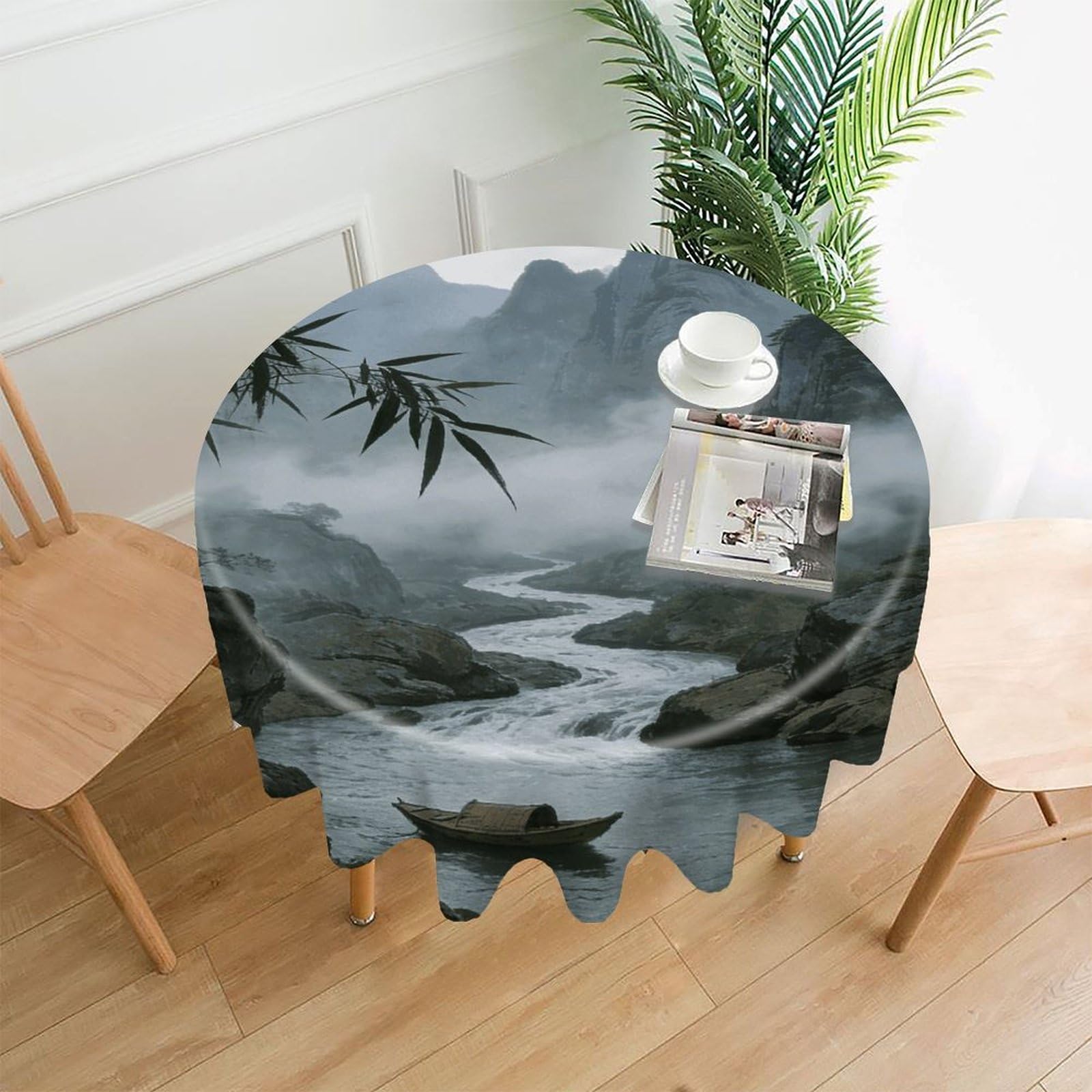 LZQPOEAS Rainy and Misty Return of The Boat Tablecloth Easy to Clean Polyester Round Table Cover Washable Round Table Cloth Wrinkle-Free Circle Decoration Tablecloth for Kitchen and Dining Room 60"
