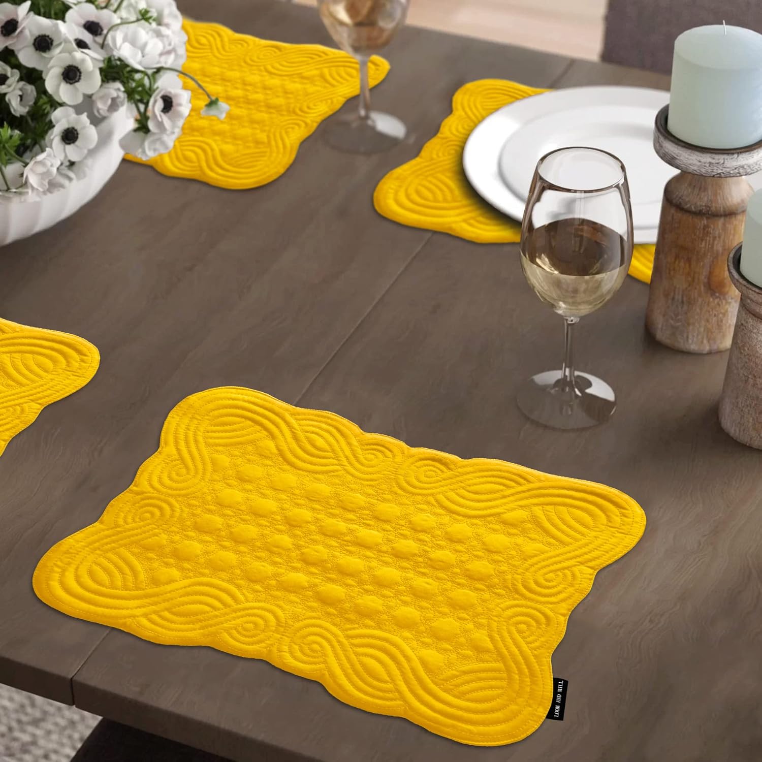 Loom and Mill Quilted Table Placemats Set of 6, Natural Fabric Farmhouse Style Dining Table Mats, Double Layer & Washable for Kitchen Dinner Party Holidays All Season Everyday Use(12"x18", Yellow)