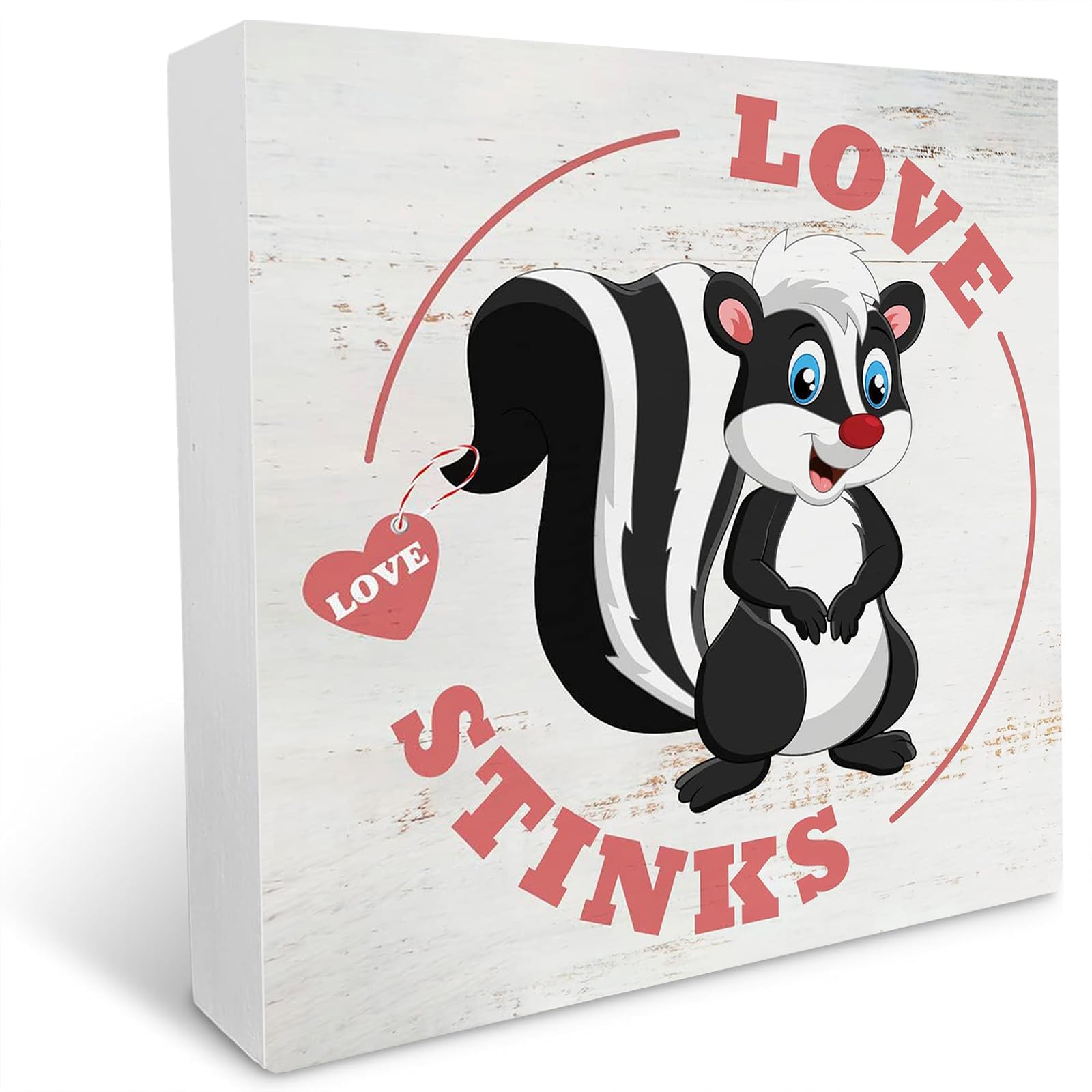 Valentine's Day Love Stinks Quote Wood Box Sign Home Decor, Rustic Skunk Valentine's Day Wooden Box Sign Block Plaque for Wall Tabletop Desk Decoration 5x5 Inch