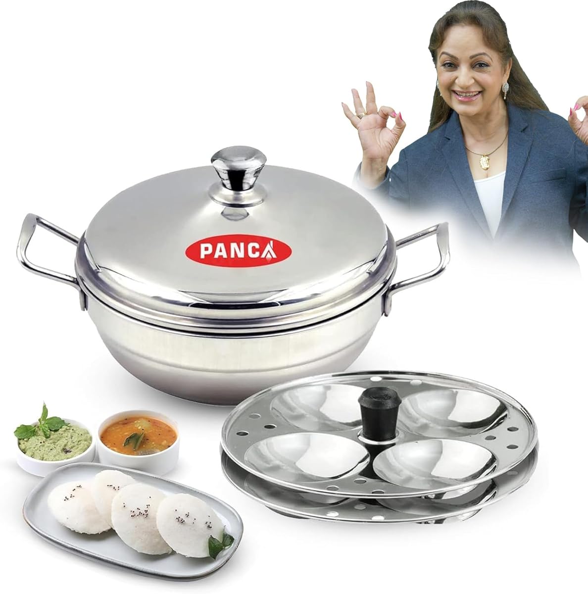 PANCA 15 liter Stainless Steel Multi Purpose Kadai with Steel Lid, Idli Maker 2 Idli Plate 8 Cavity Idli Cooker Stainless Steel Idly Pot with Steamer
