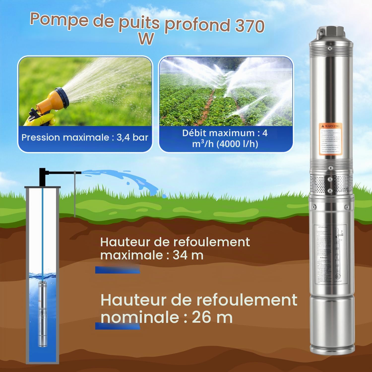 Pompe puits profond 0,37 kW - condensateur intégré, pompe submersible & forage, câble 20 m, hauteur refoulement max. 34 m, pompe immergée/eau