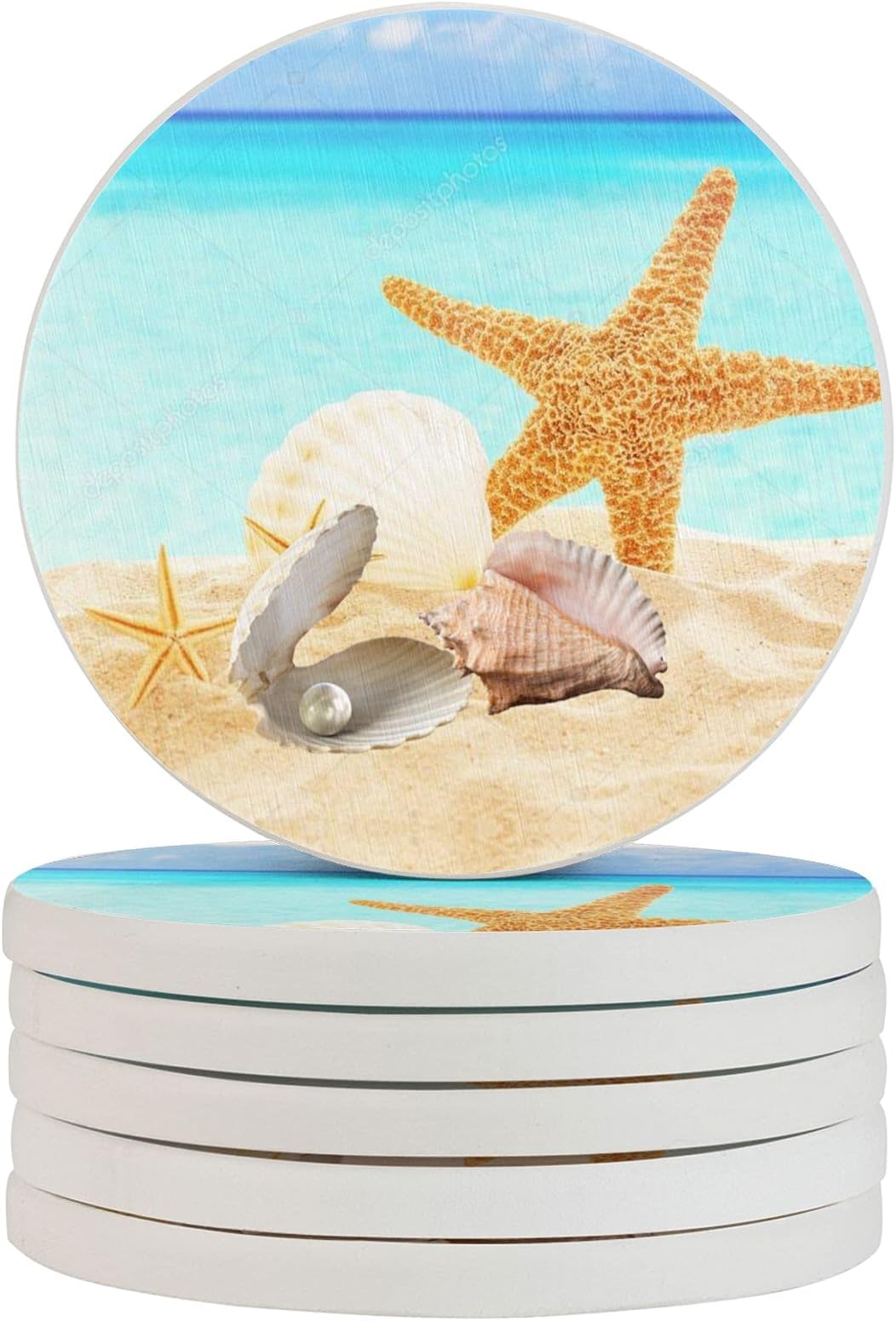 Round Coasters for Drinks, Absorbent Sea Beach Diatomite Cup Coaster Set, Starfish and Seashell Summer Mug Place Mats for Home Bar Coffee Table Decor Set of 6