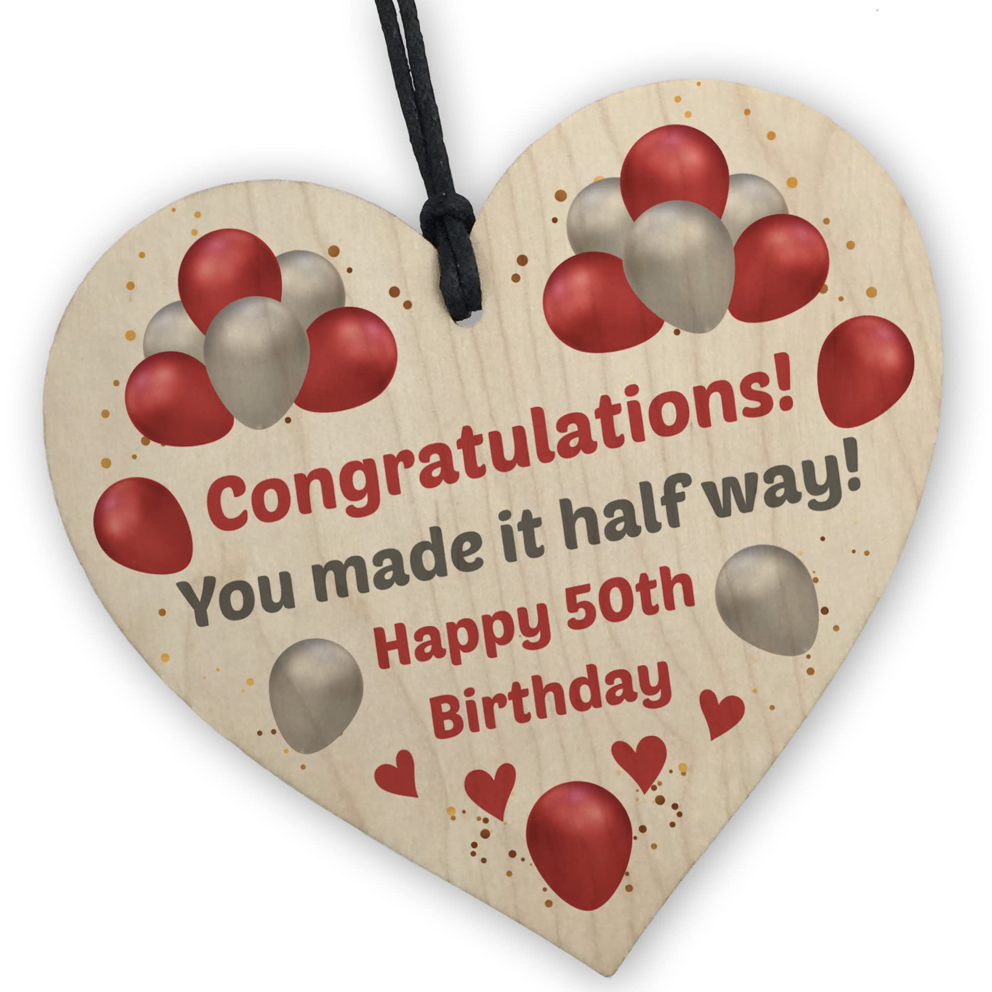 Red Ocean 50th Birthday Wood Heart Sign HALF WAY Funny Birthday Gifts For Men Women Mum Dad Sister Brother Auntie Uncle Birthday Gifts Keepsake