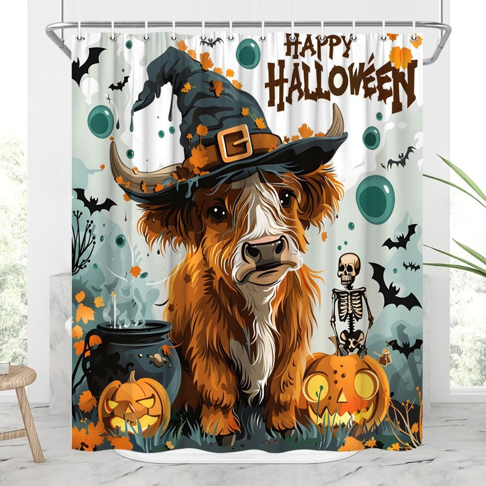 Halloween Shower Curtain Highland Cow in Witch Hat, Cute Funny Farmhouse Animal Skull Skeleton Horror Pumpkin Bat Silhouette Bathroom Decor Curtains 94x70 inch with Hook