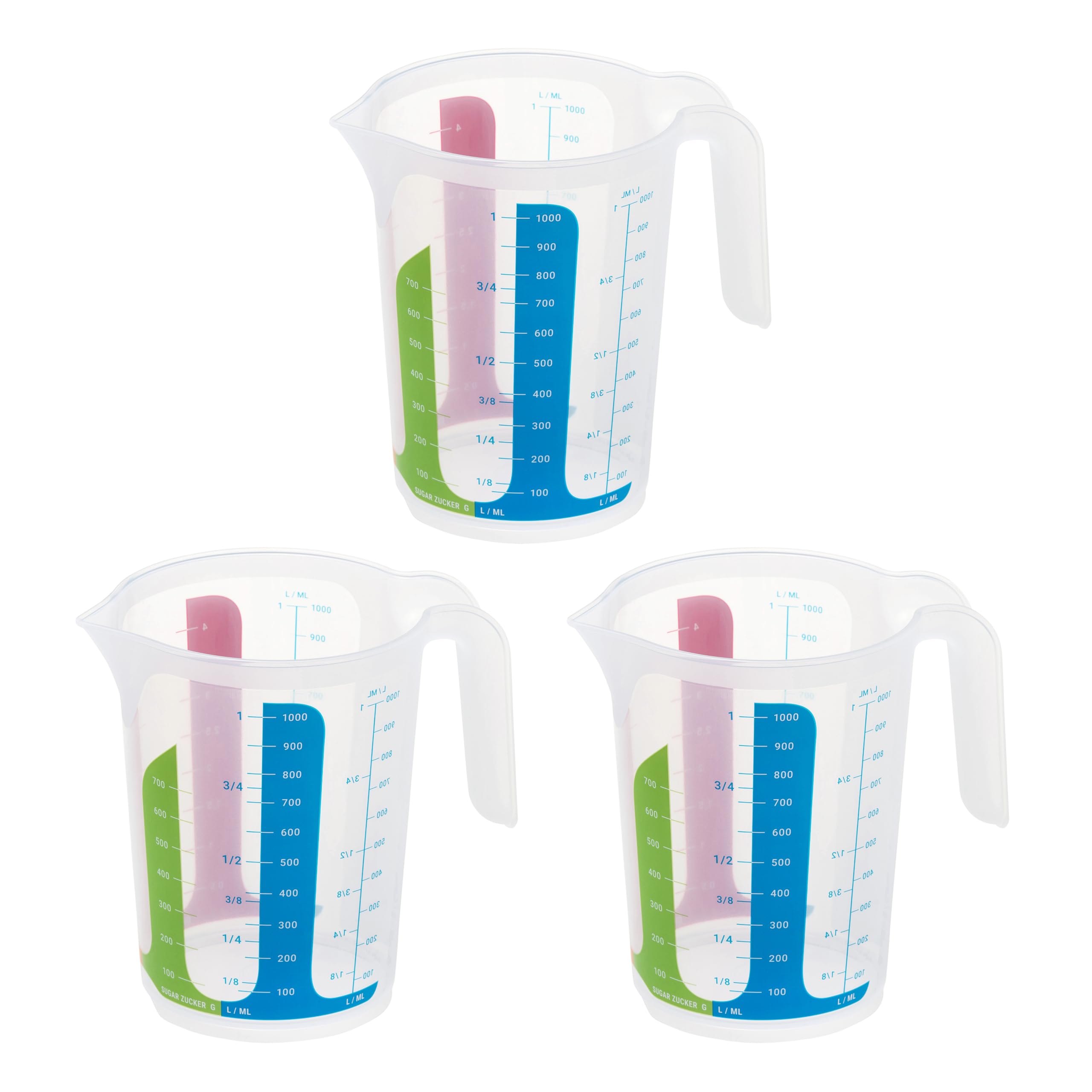 MiraHome 3er Set bunt – 3 Messbecher mit 1L – bruchsichere Kunststoff-Messbecher für Küche – Skala für ml/L, Cups & Gramm für Zucker/Mehl – Austrian Quality
