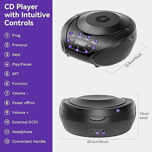 Miniatura 8 de Gueray Reproductor de CD portátil Boombox Radio Reproductores de CD con altavoces, audio para el hogar, radio FM, entrada AUX, auriculares, modo de