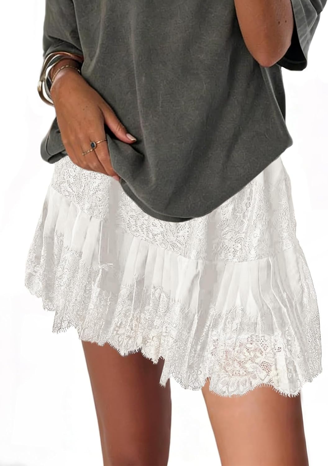 JURIS Womens Lace Slip Skirts Low Rise Y2k Layered Pleated Ruffle Flowy Skirt Mesh Mini Underskirts