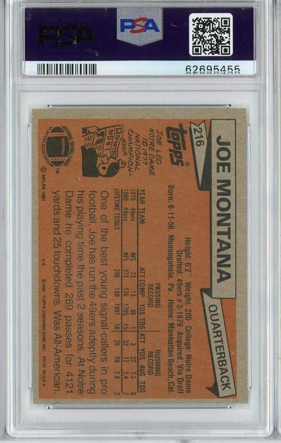 Graded 1981 Topps Joe Montana #216 Rookie RC Football Card PSA 7 Near Mint