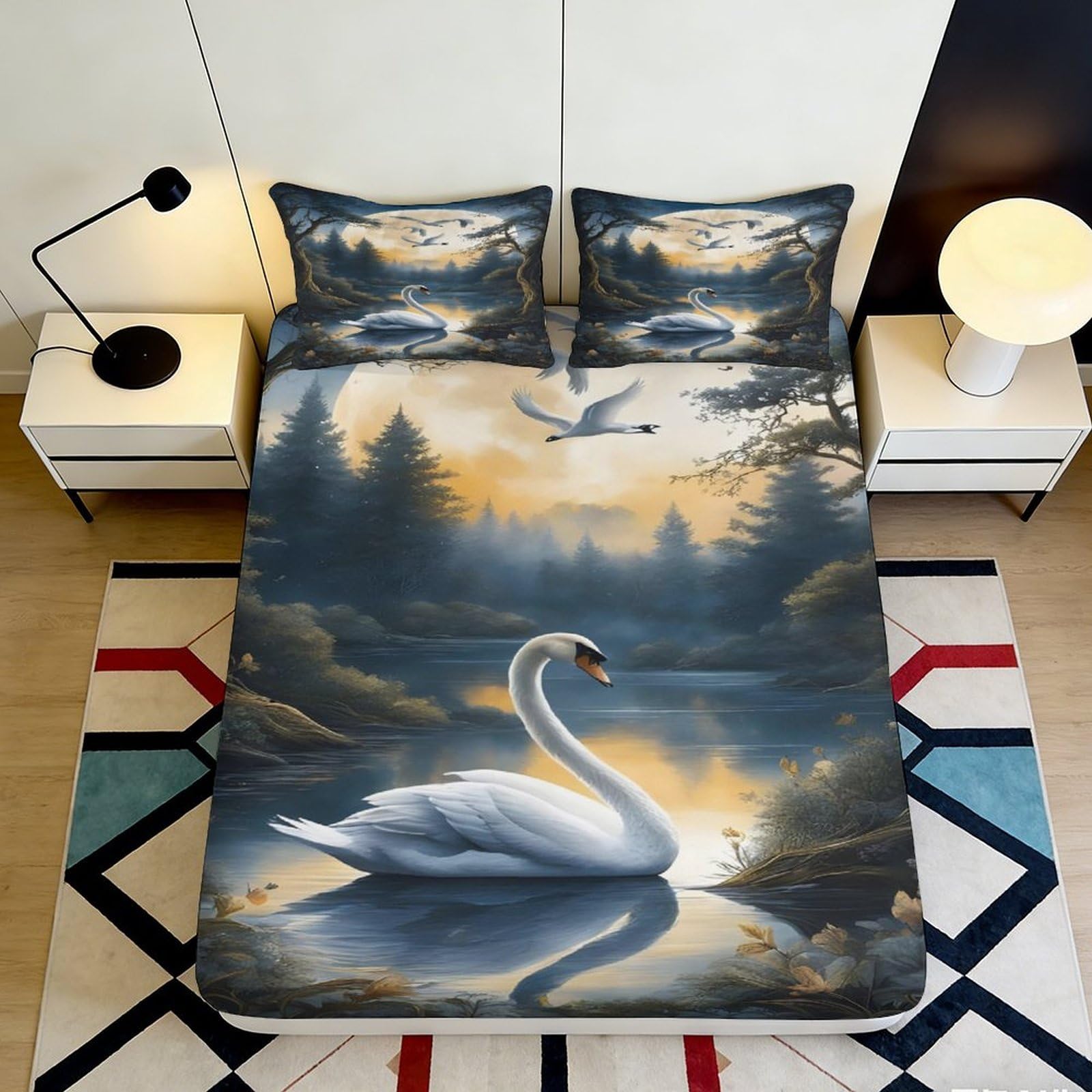 3D Printed Swan Lake Fitted Sheet Microfiber Soft Forest Sunrise Mattress Cover Anti-Slip Washable Bedroom Decor 120x200x25cm