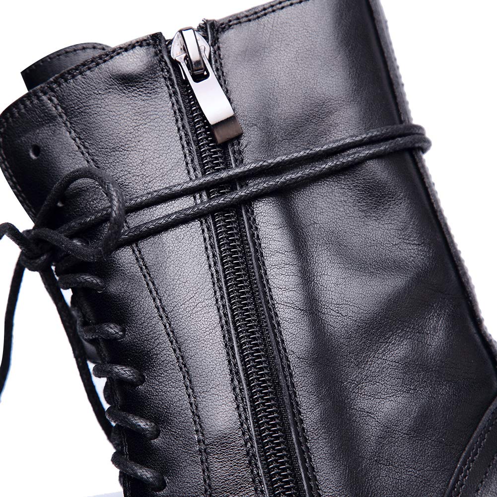 rismart Damen Biker Boots Mid-Calf Leder Stiefeletten mit Reißverschluss Schnürer Klassisch Stiefel