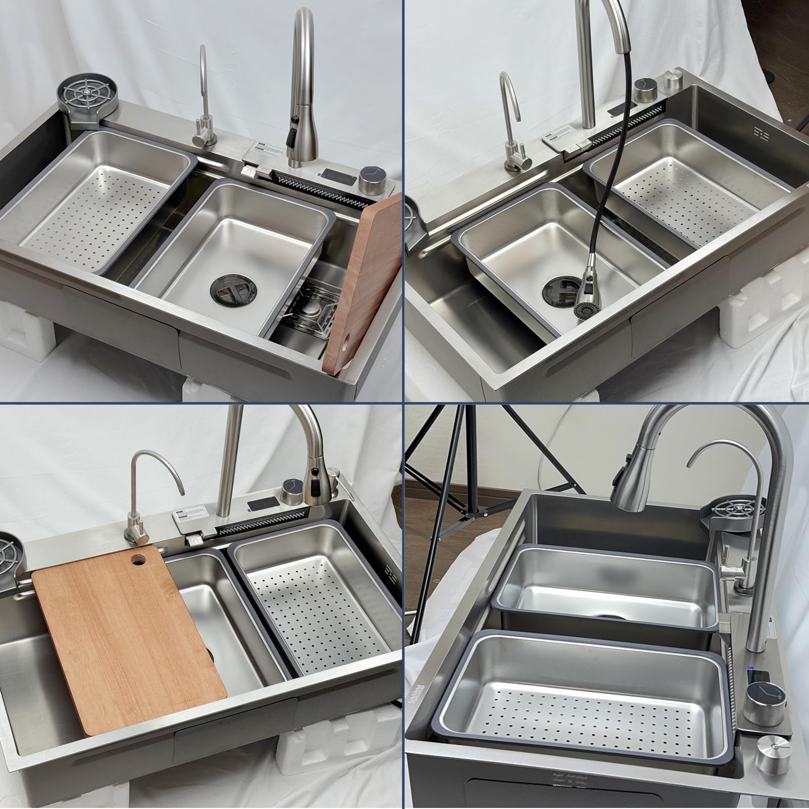 Fregadero de cocina con cascada, 85 x 50 cm, acero inoxidable cepillado 304, fregadero de cocina con pantalla digital, lavabo grande con cesta de drenaje, tabla de cortar, sifón, componente de desagüe