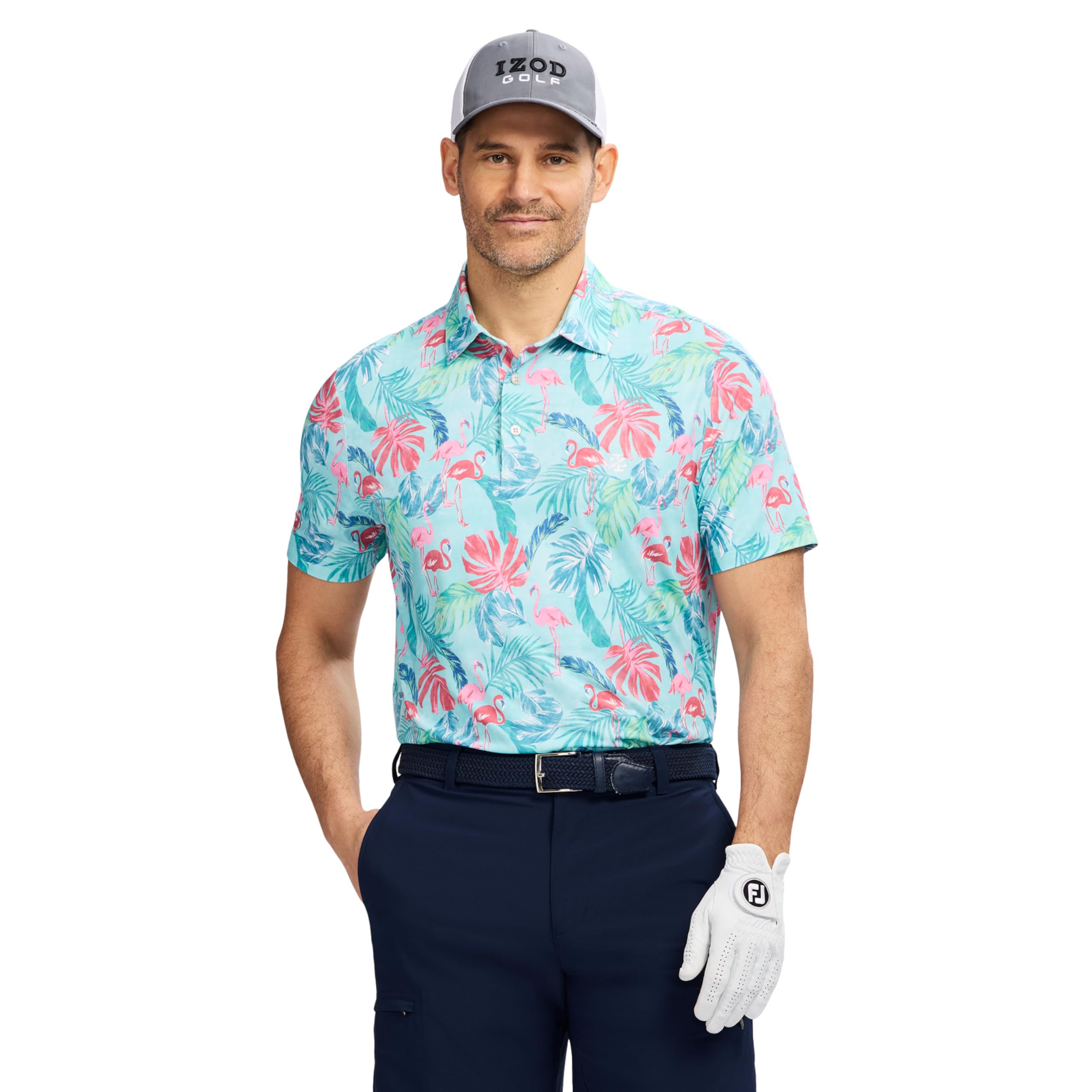 Izod Men's Swingflex Elite Short Sleeve Golf Polo, Limpet Shell Island Flamingo, S
