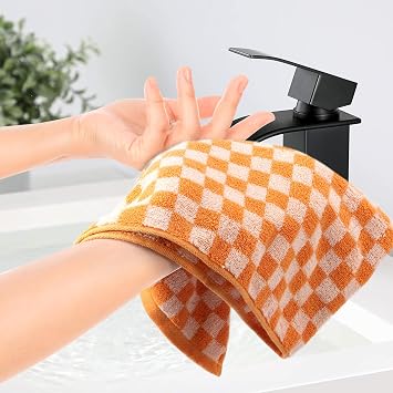 Hand Towels for Bathroom, Multipurpose Comfortable Face Washcloth, Cotton Soft Absorbent for Face Spa Bath Gym Kitchen, Hand Towel Set Decorative Checkered (Orange)