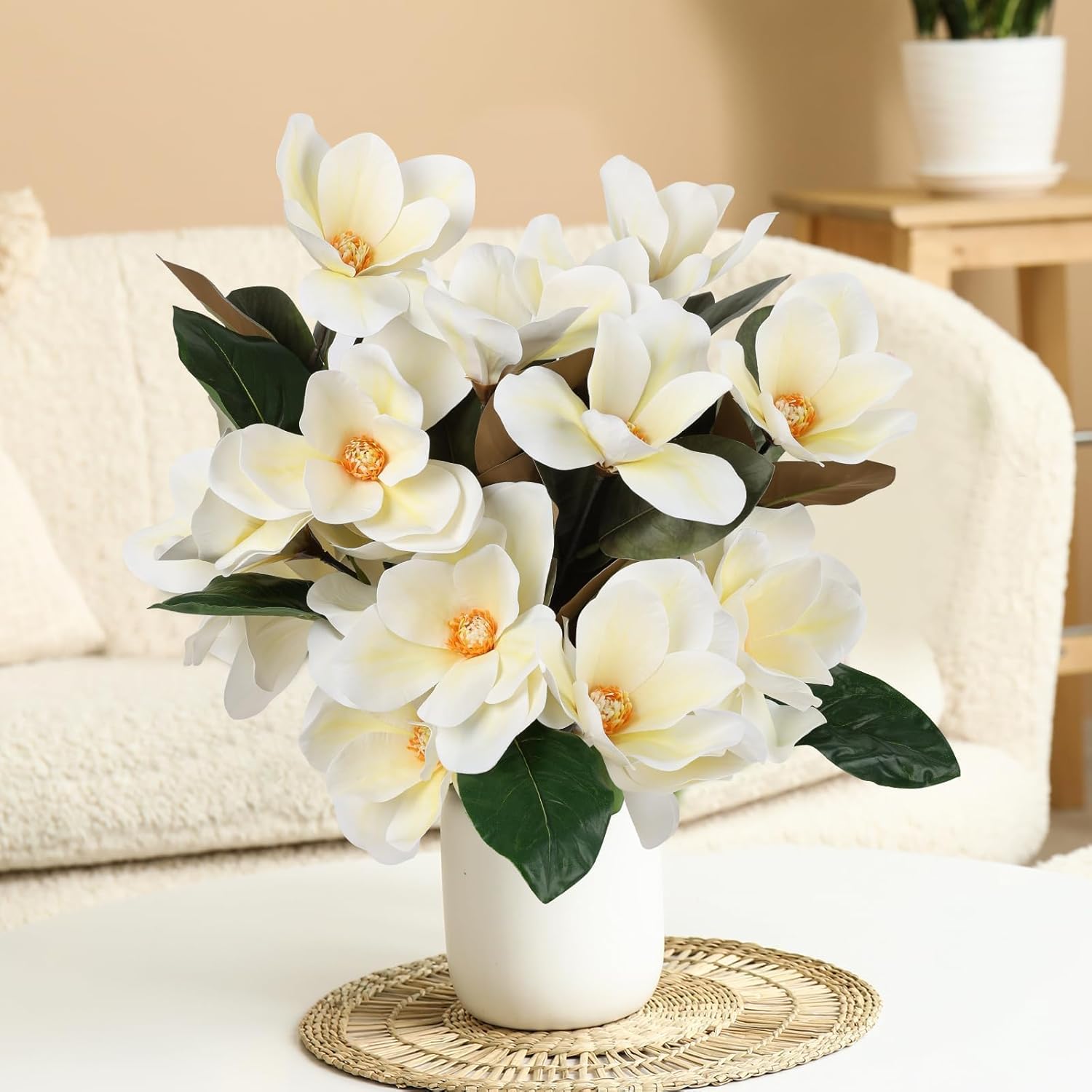 YLOLUL 6 Pcs Artificial Magnolia Flowers Stems White Magnolia Long Stem Flower Faux Creamy Grandiflora Buds with Green Leaves for Tall Vase Realistic Table Centerpiece Indoor Decoration