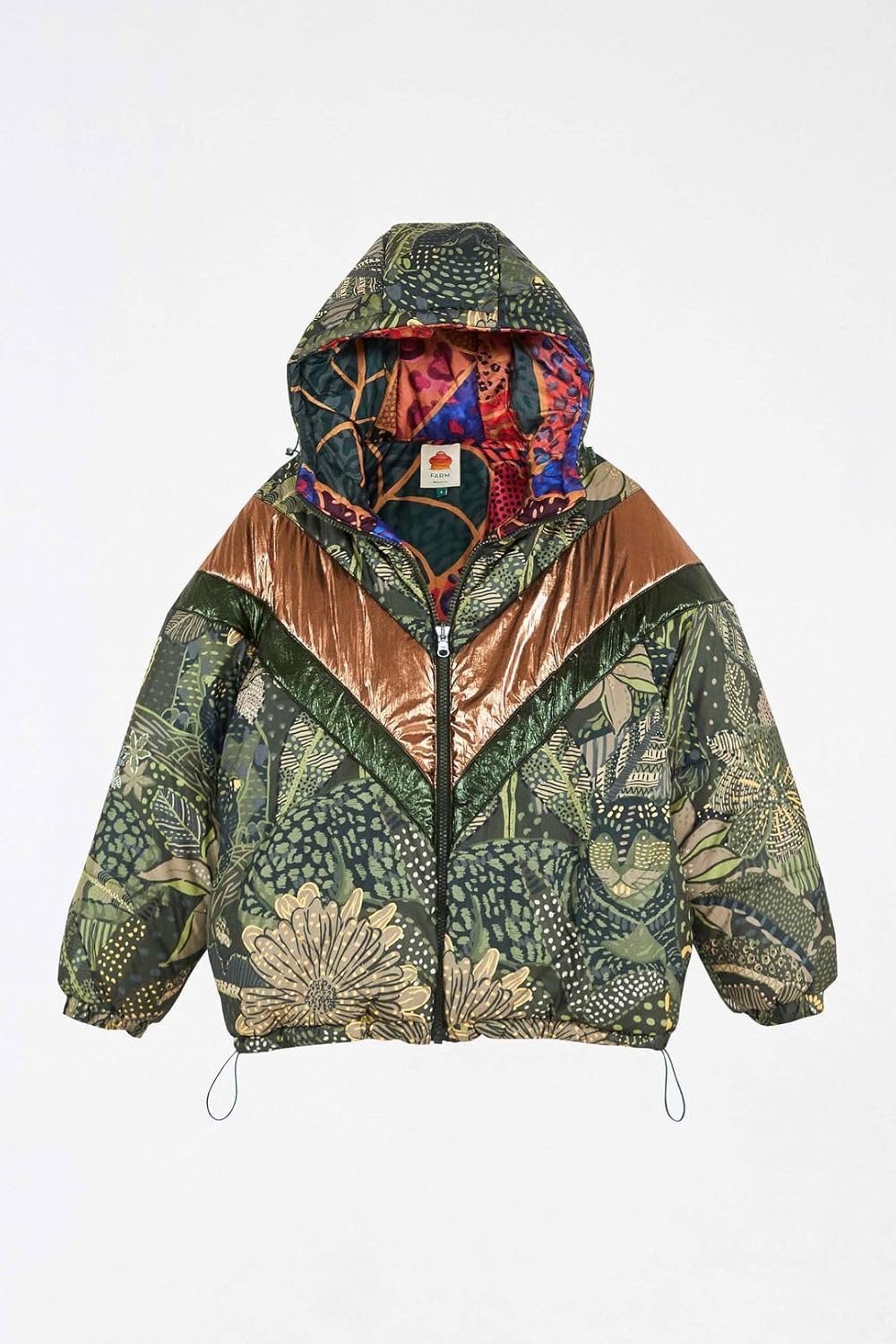 FARM Rio Women's Green Cool Leopard Hooded Metallic Quilted Reversible Puffer Jacket Size Large