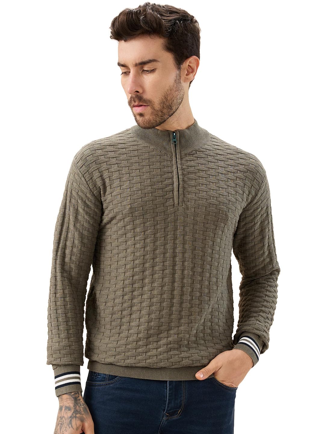 status quo Men’s Trendy Textured Knit Half Zip High Neck Full Sleeves Sweater-picture-35