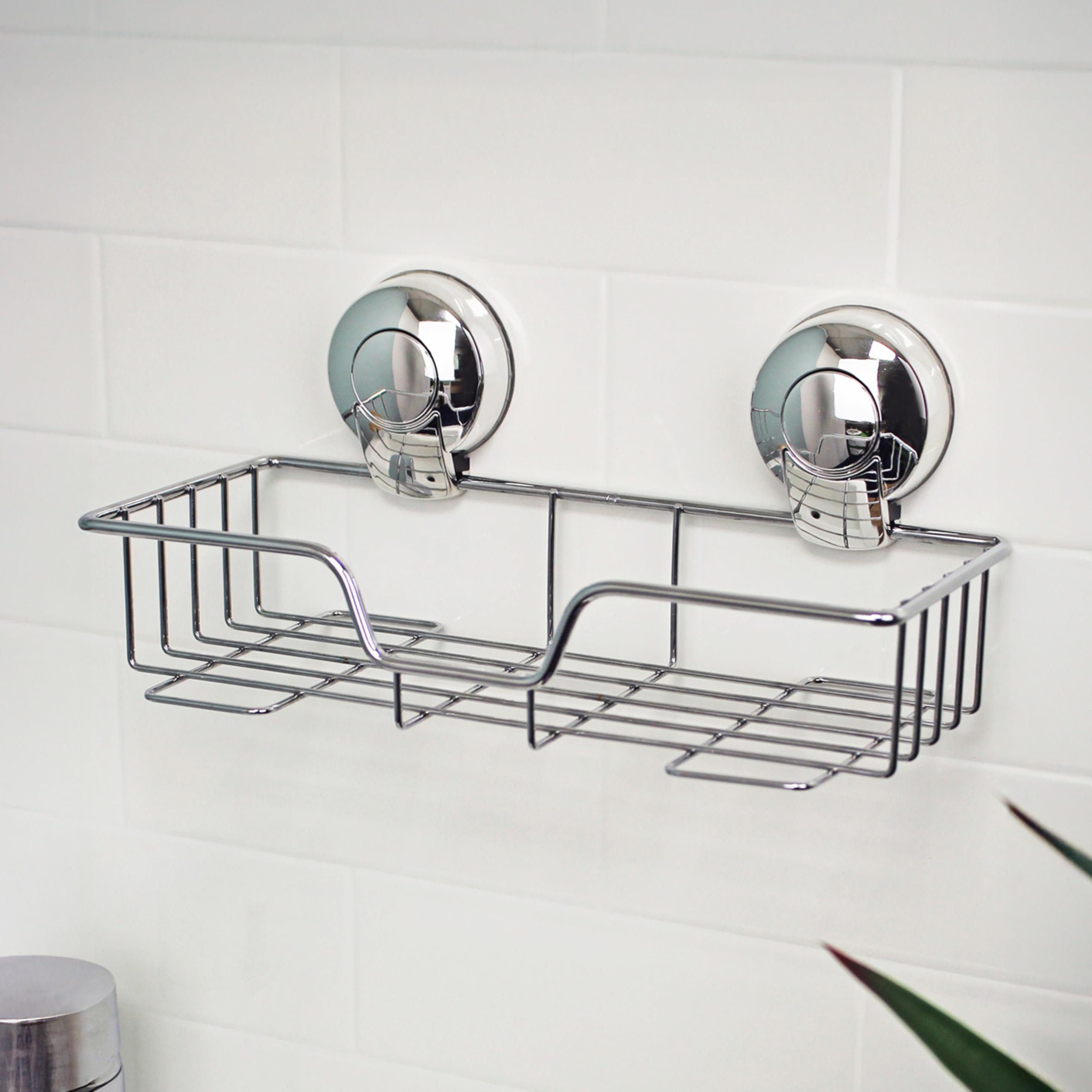 Showerdrape Chrome Suctionloc Steel Suction Wall Mounted Rectangular Basket With Mounting Discs
