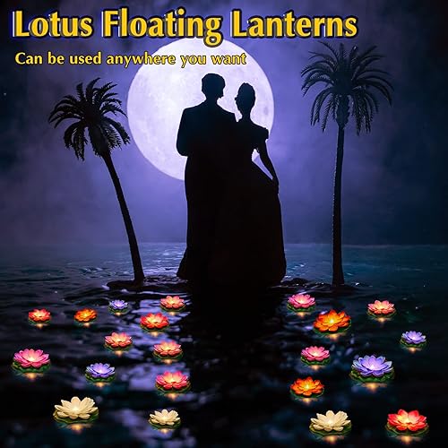 Vista 18 de Liliful Diwali - 24 luces flotantes para decoración de piscina, flores artificiales de loto con LED, almohadillas de lirio, farol de agua para Blanco