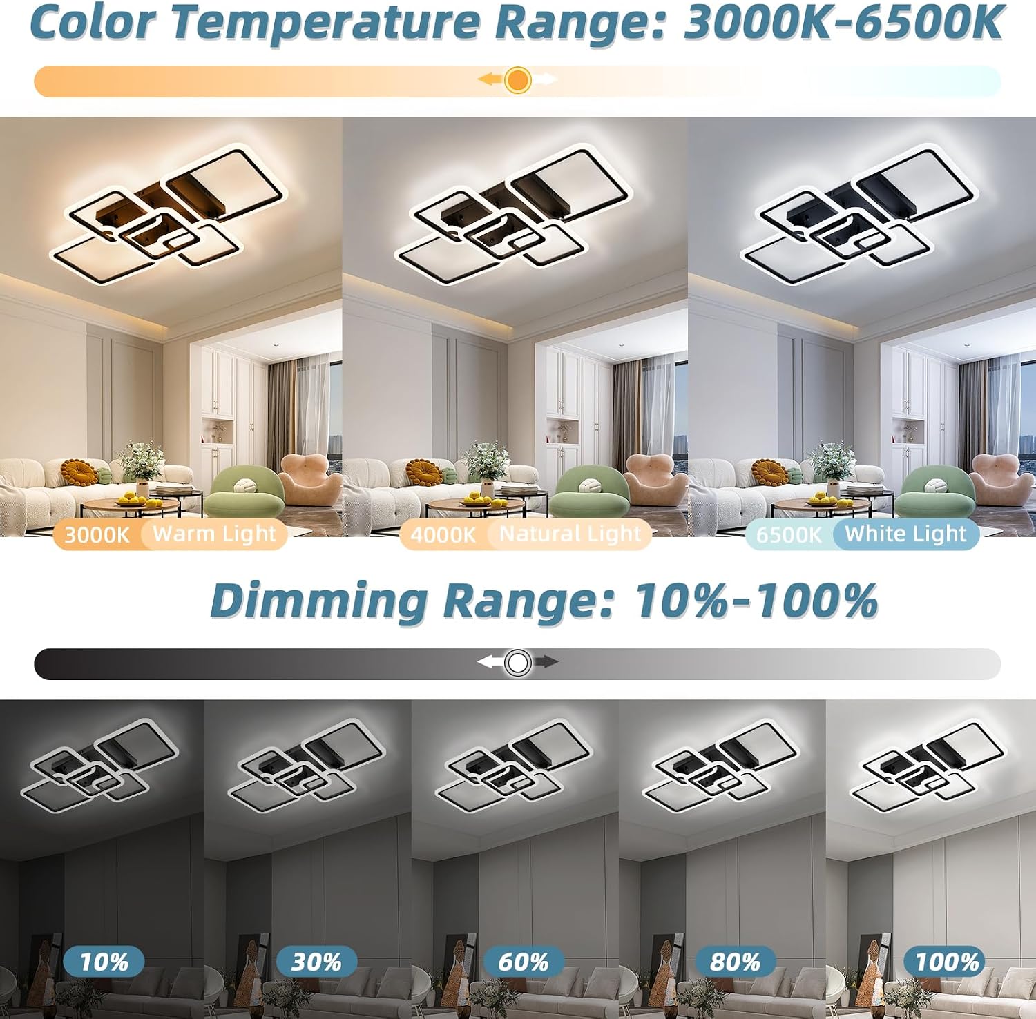 modern led ceiling light 5-square dimmable black flush mount led ceiling light with remote for living room black 5 light-36.2 inch