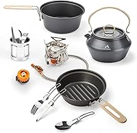 Vista 7 de 17pcs Camping Cookware Kit, 0.45Gal Pot, 7inches Pan,0.30Gal Kettle Set with 2 Set Stainless Steel Cups Plates Forks Knives Spoons for Hiking