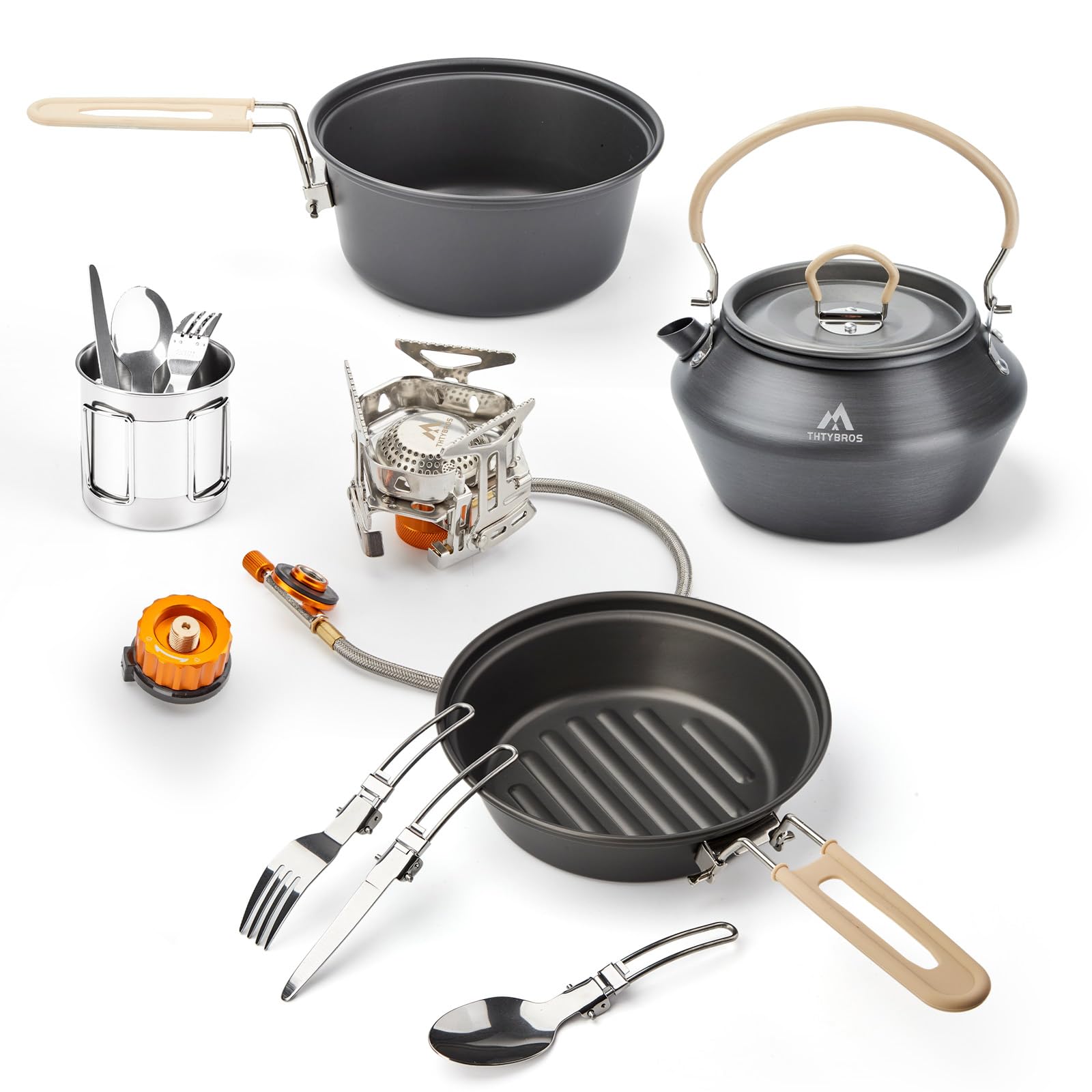 THTYBROS 17-teiliges Camping-Kochgeschirr-Set, 1,2 l Topf, 17,8 cm Pfanne, 0,3 l Wasserkocher-Set mit 2 Edelstahlbechern, Tellern, Gabeln, Messern, Löffeln zum Wandern