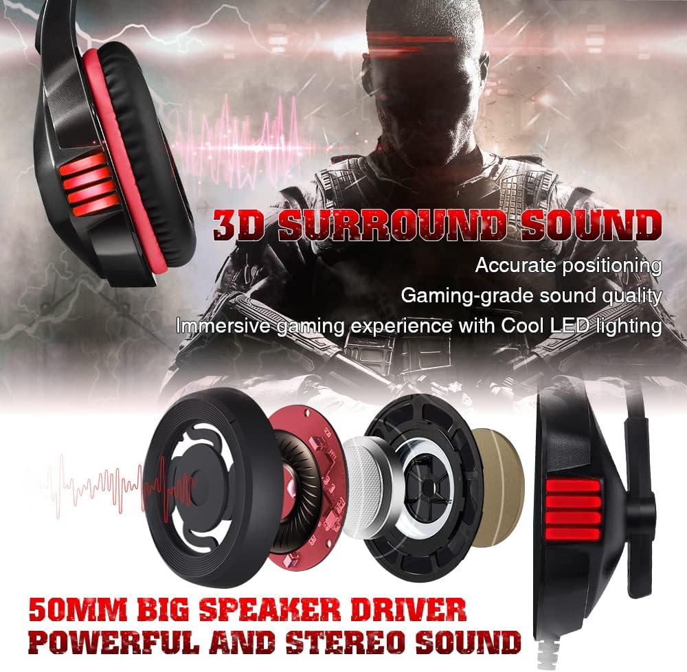 Gaming Headset for Xbox one Ps4, Gamer Headphone with Mic, Over ear Bass Stereo, Noise Reduction Microphone, LED Lights and Volume Control for PC, Nintendo Switch/3DS, Laptop, Mac, Pad, Smartphone