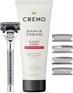 Cremo Original Shave Gift Set for Men: Chrome Barber Grade Razor, 6oz Slick Cream & 4 Blade Refills