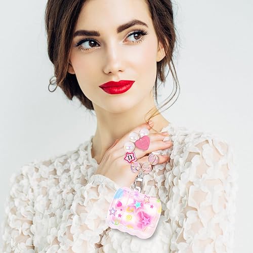 Miniatura 6 de Bonita funda para AirPods con colgante de amor, llavero de cuentas redondas coloridas, diseño de estrellas 3D con purpurina, funda protectora suave