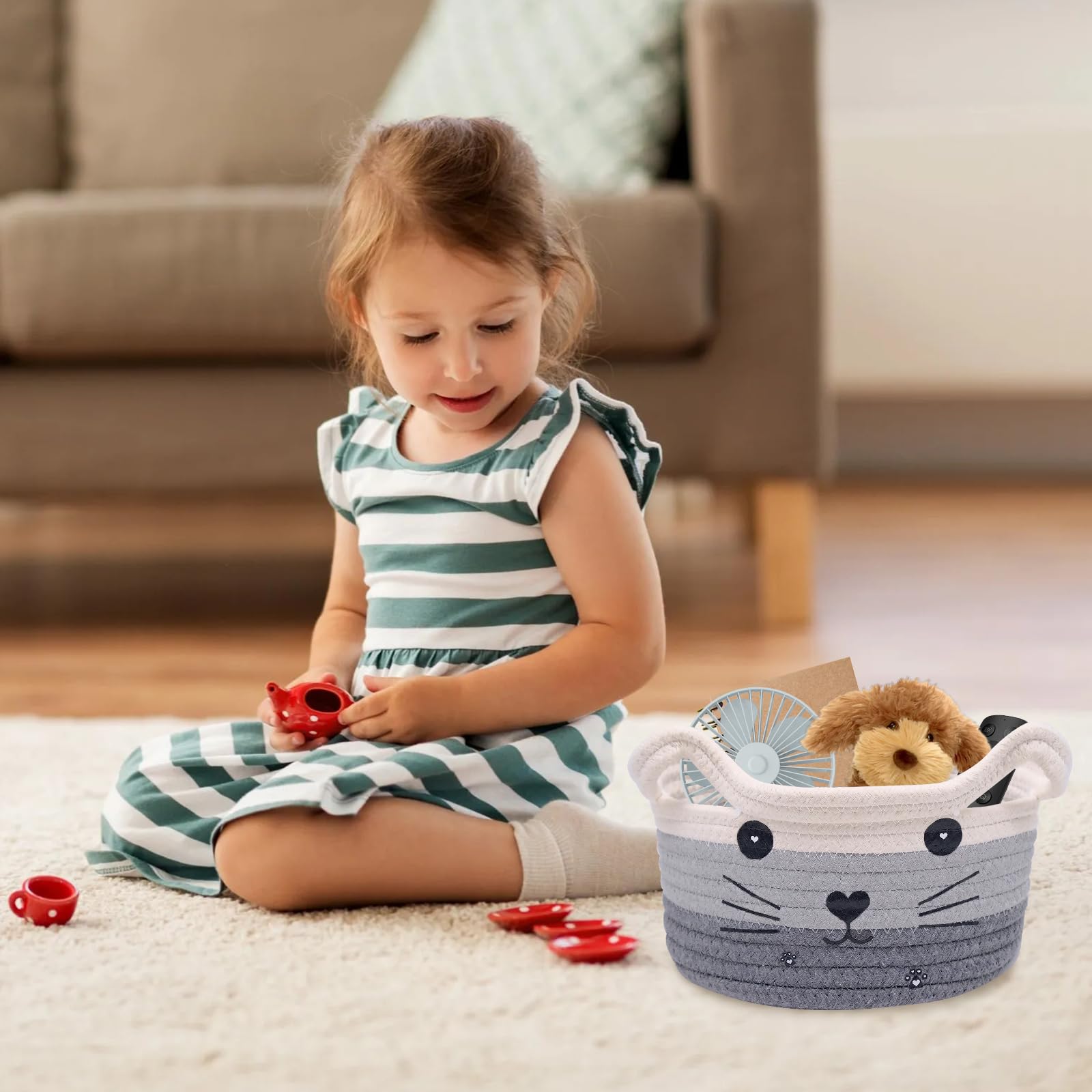 inheming Cute Cat Toy Basket, Cotton Rope Basket, Cat Basket Storage ,Woven Basket Organizer - Image 4